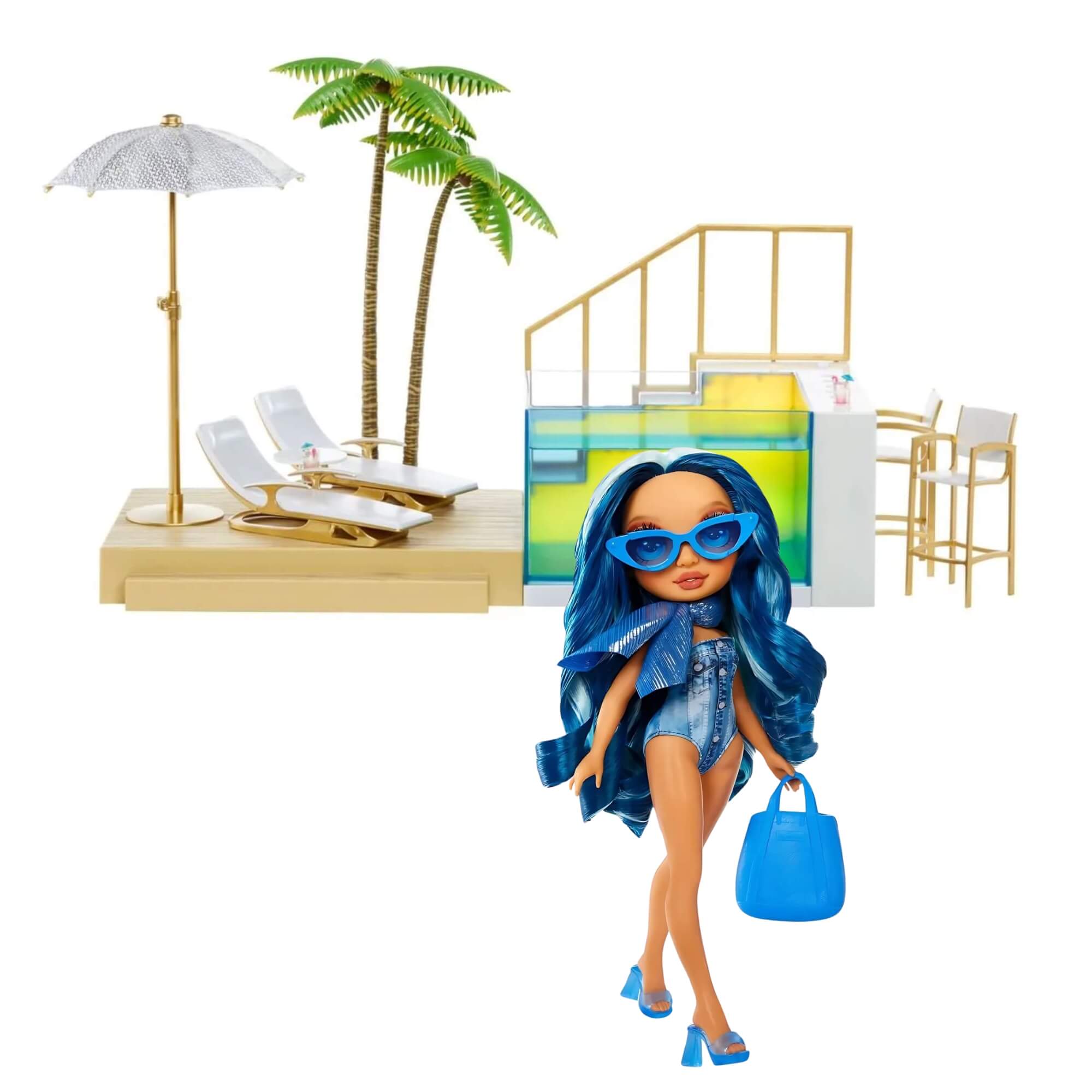 COMP Playset Piscina e Praia Rainbow High Pacific Coast + Boneca Swim e Style Skyler 27cm MGA