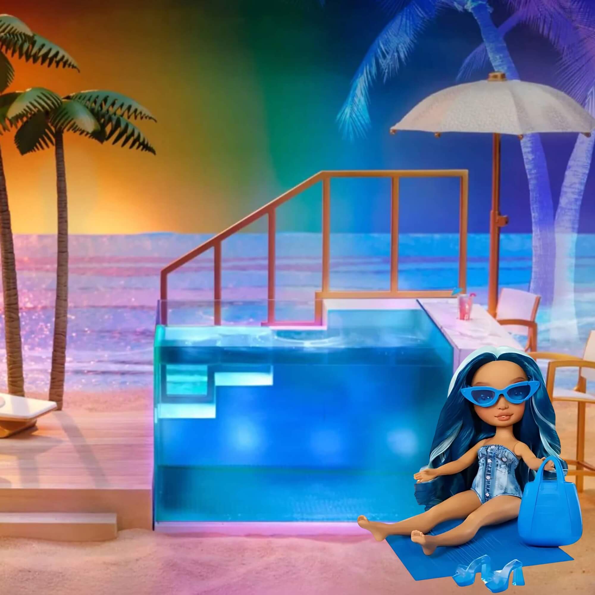 COMP Playset Piscina e Praia Rainbow High Pacific Coast + Boneca Swim e Style Skyler 27cm MGA