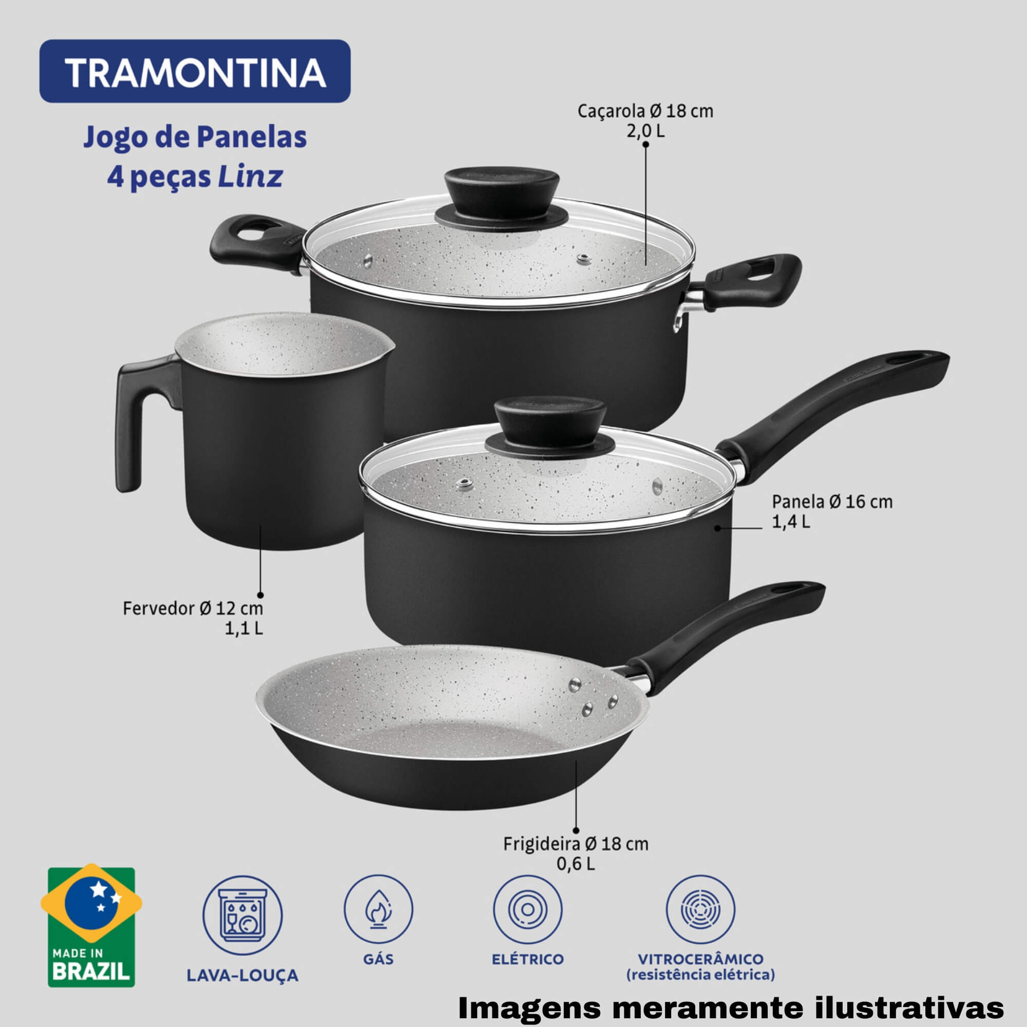 Jogo Panelas Linz Alumínio Inox Antiaderente Starflon Max Preto 4 Peças Tramontina - 28299004