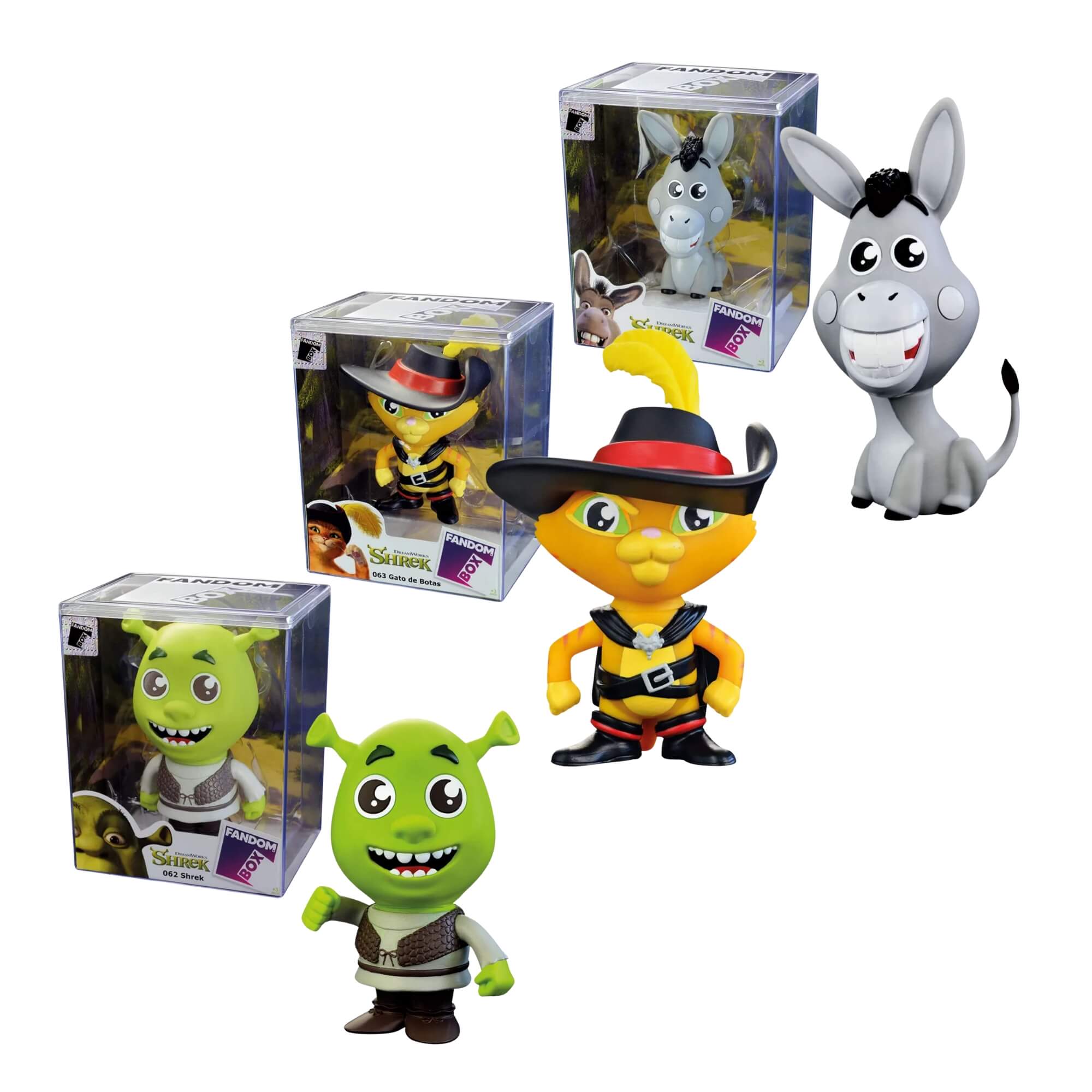 COMP Kit Fandom Box Shrek Burro Gato de Botas Boneco Colecionável 16cm Vinil Atóxico Lider - 3477