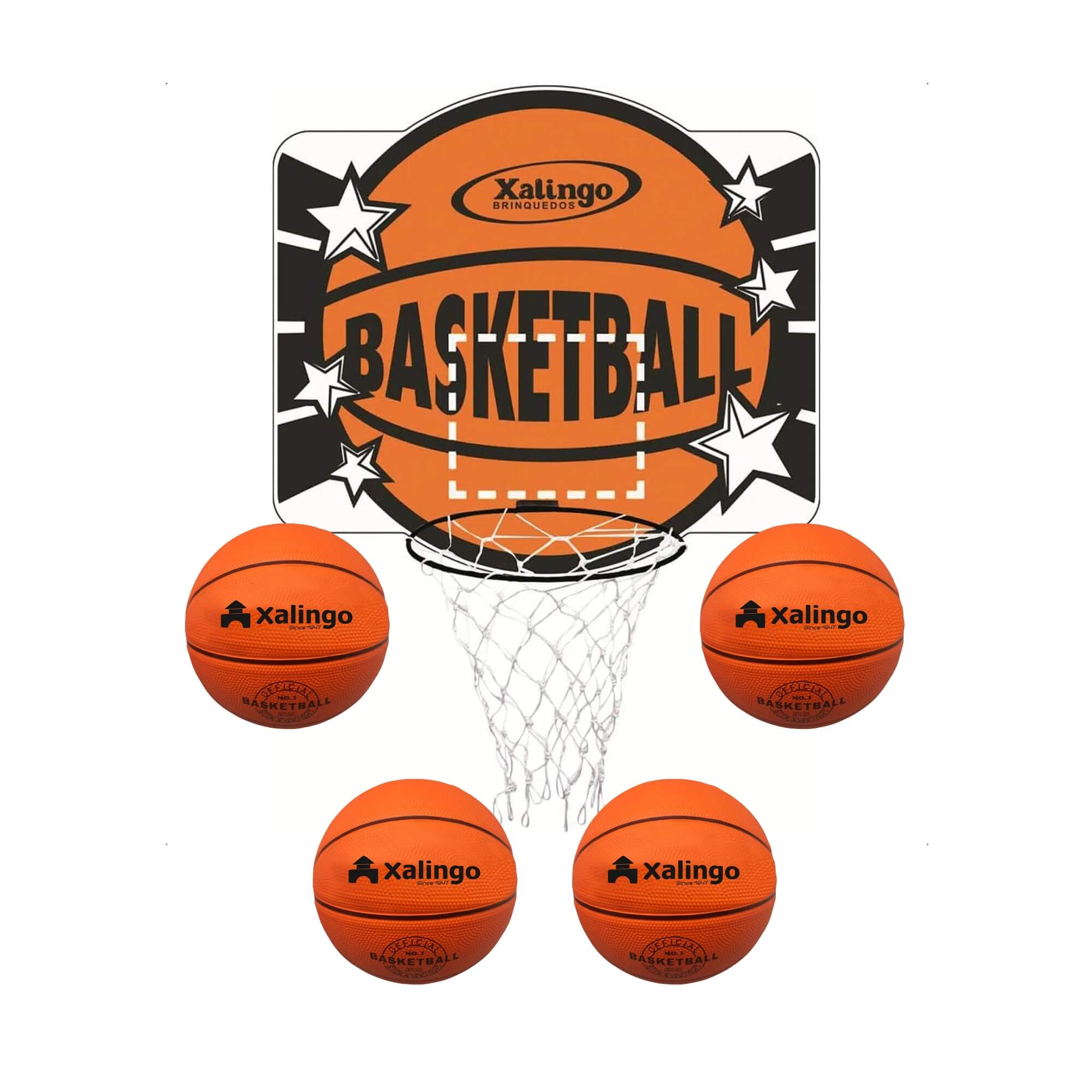 COMP Kit 4 Bolas Tamanho 3 + Cesta de Basquete Infantil  Indicado para 4 aos 6 anos - Xalingo 28687