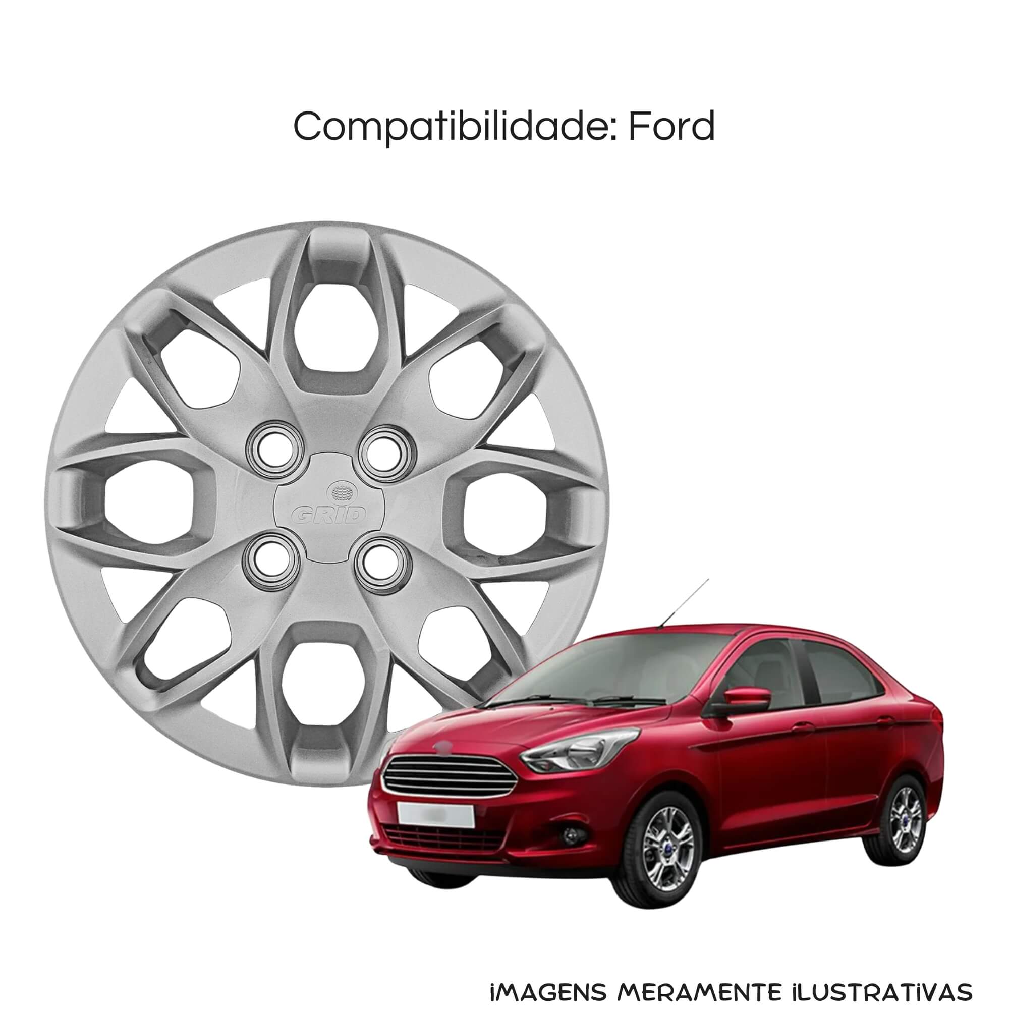 Calota Aro 14" Prata Ford Ka Hatch / Sedan 2015 / 2018 (Jogo c/ 4 Calotas) Grid - 342CB-PTA-E