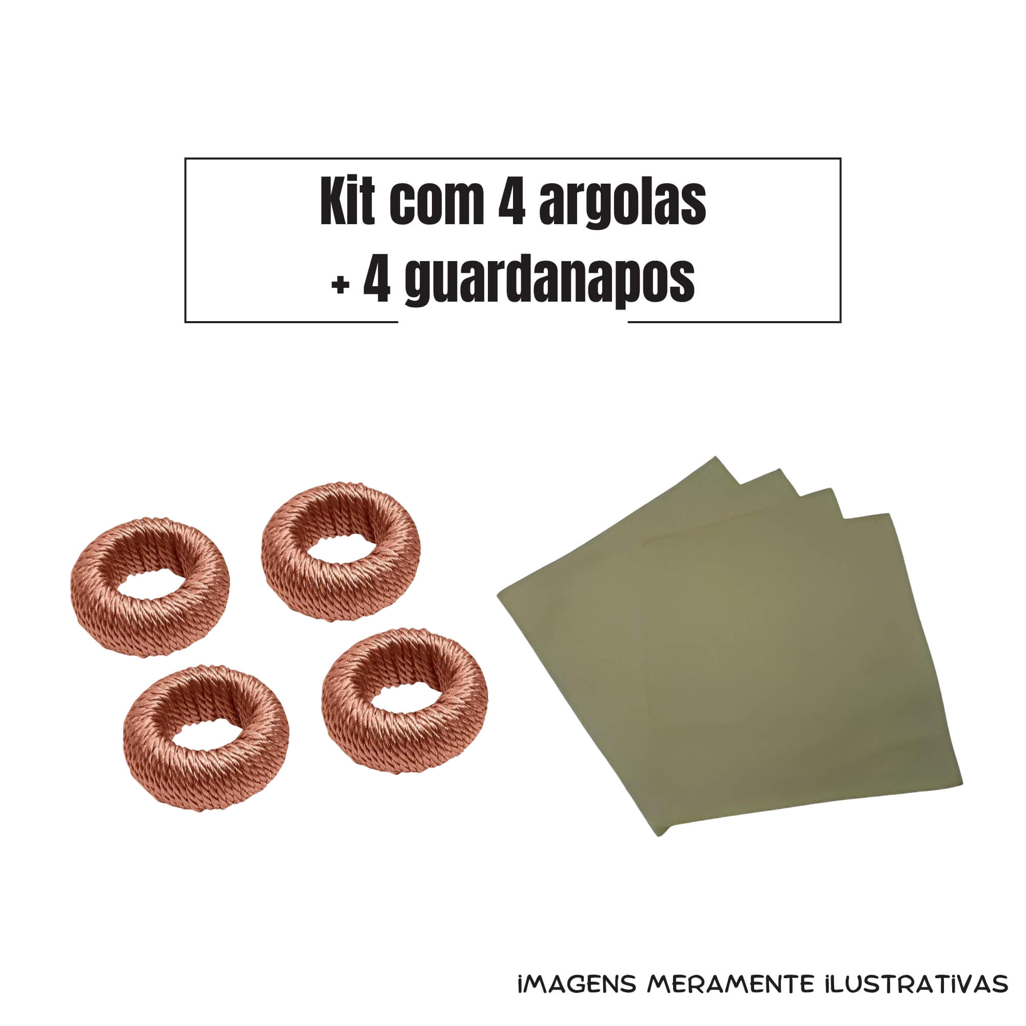 COMP Kit Jogo de Guardanapos L'Hermitage Algodão 4 peças + Conjunto 4 Argolas p/ Guardanapo Brinox