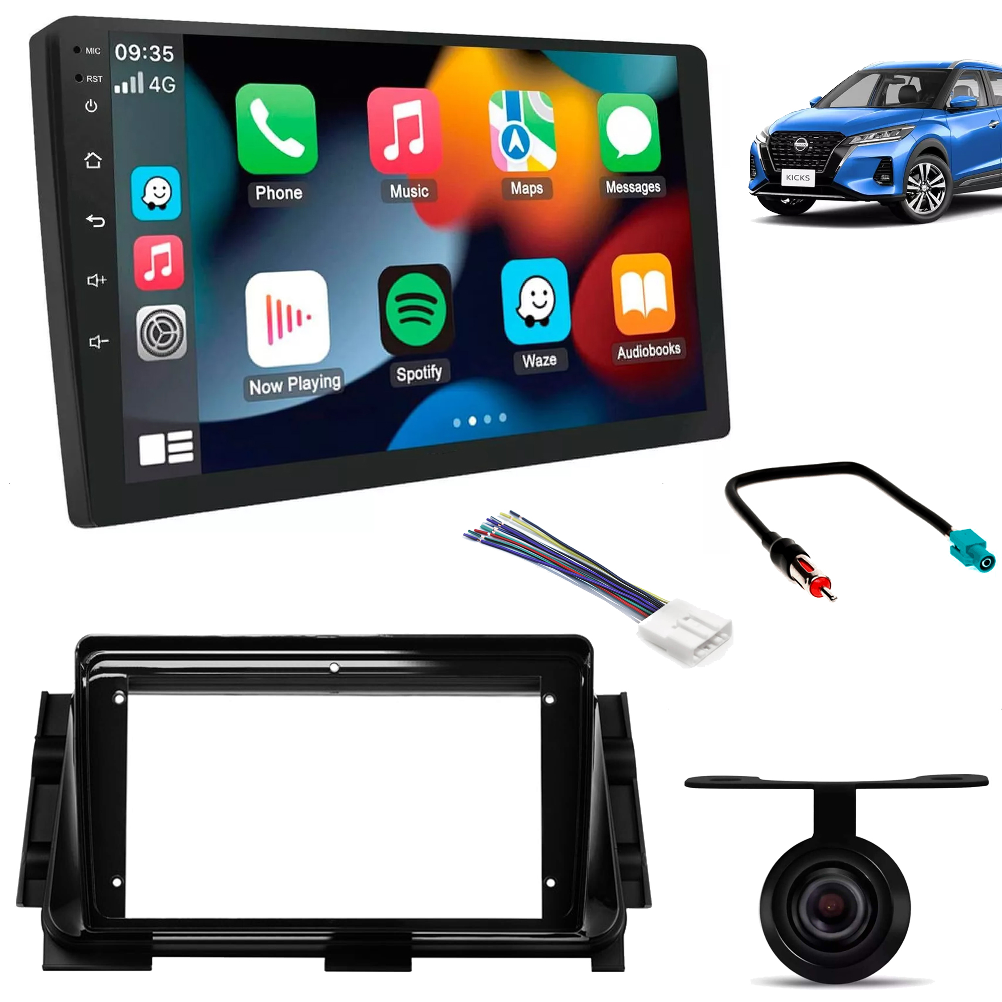 COMP Kit Central Multimidia Nissan Kicks SLIM 9" QLED Android 2+64GB + Moldura + Chicotes + Câmera de ré