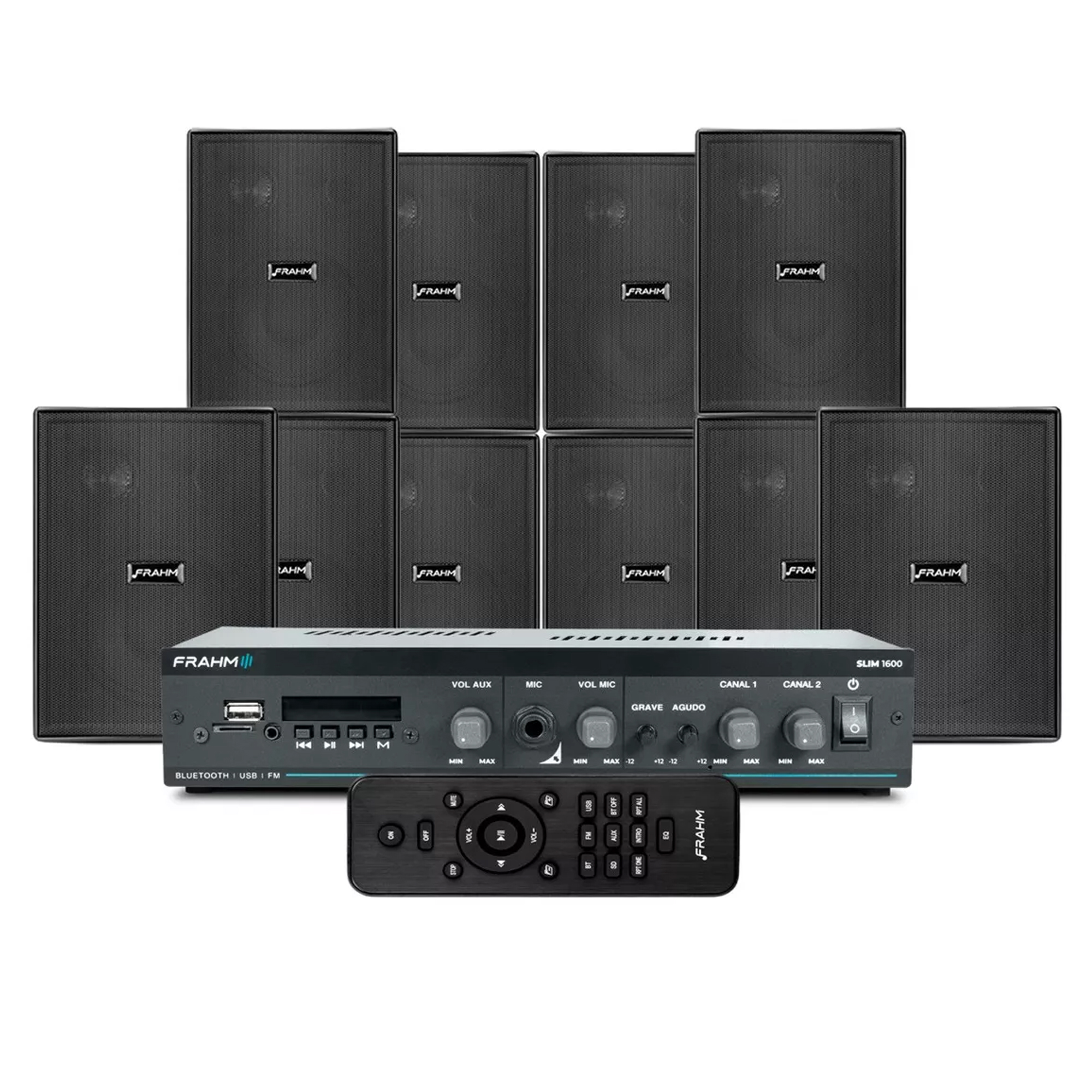 COMP Kit Amplificador Frahm SLIM 1600 G5 60W Bluetooth 5.0 + 10 Caixas PS 200 Preta Frahm