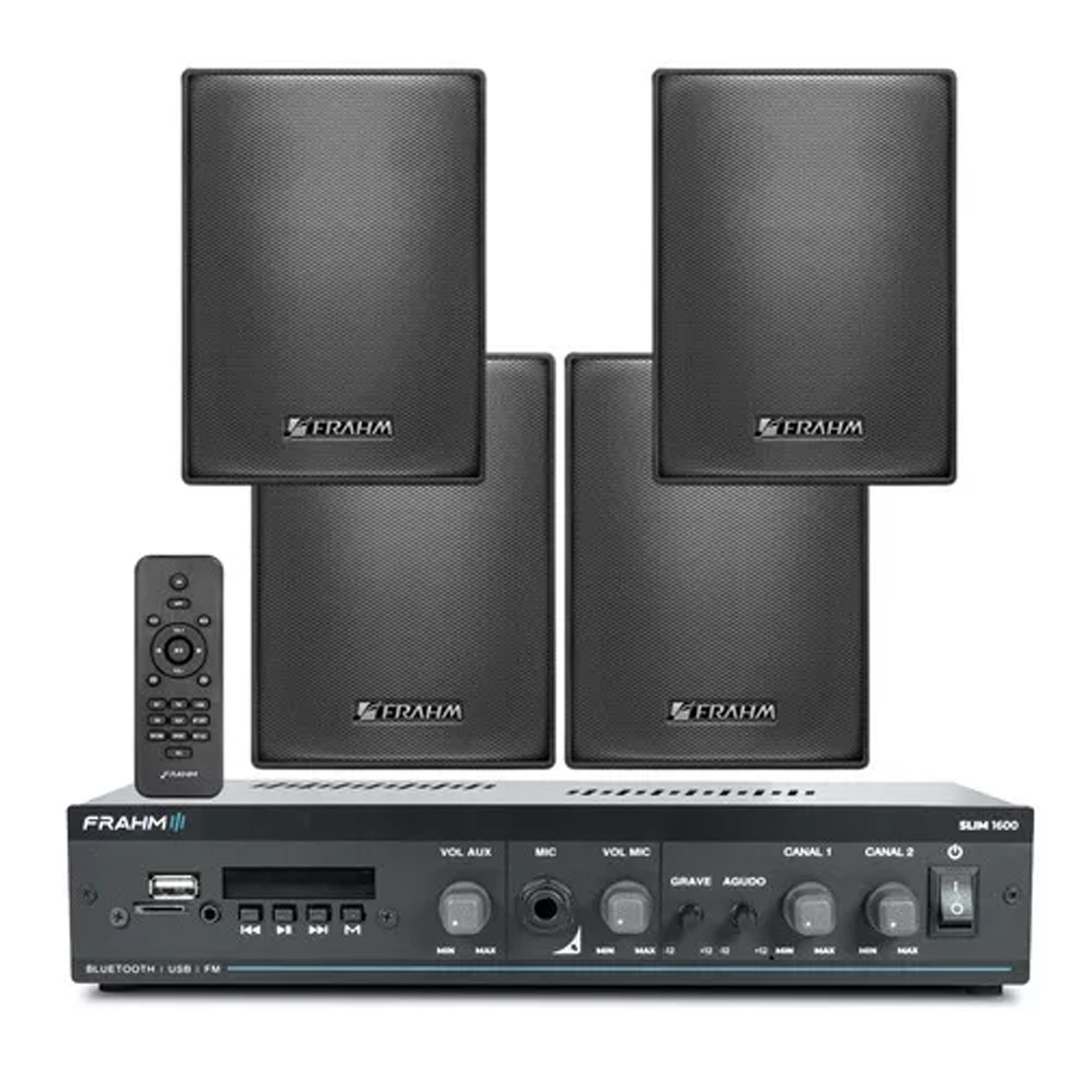 COMP Kit Amplificador Frahm SLIM 1600 G5 60W Bluetooth 5.0 + 4 Caixas PS 200 Preta Frahm