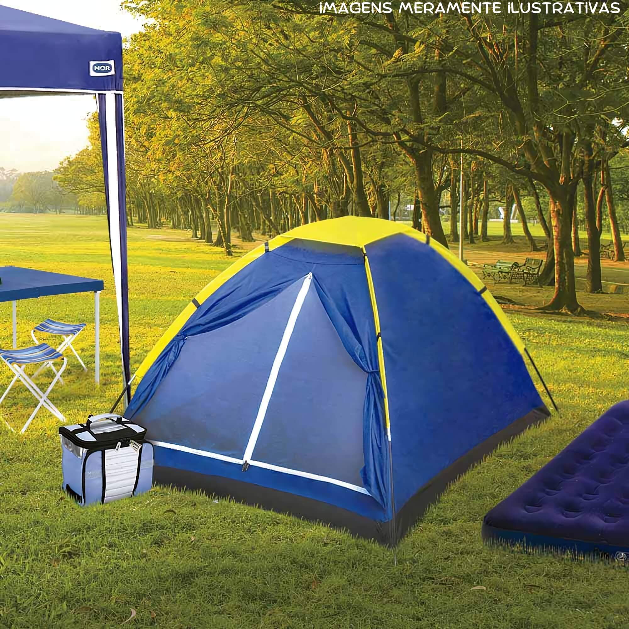 COMP Kit Barraca Camping Iglu p/ 3 Pessoas + Colchão Inflável Casal c/ Inflador tipo Fole MOR