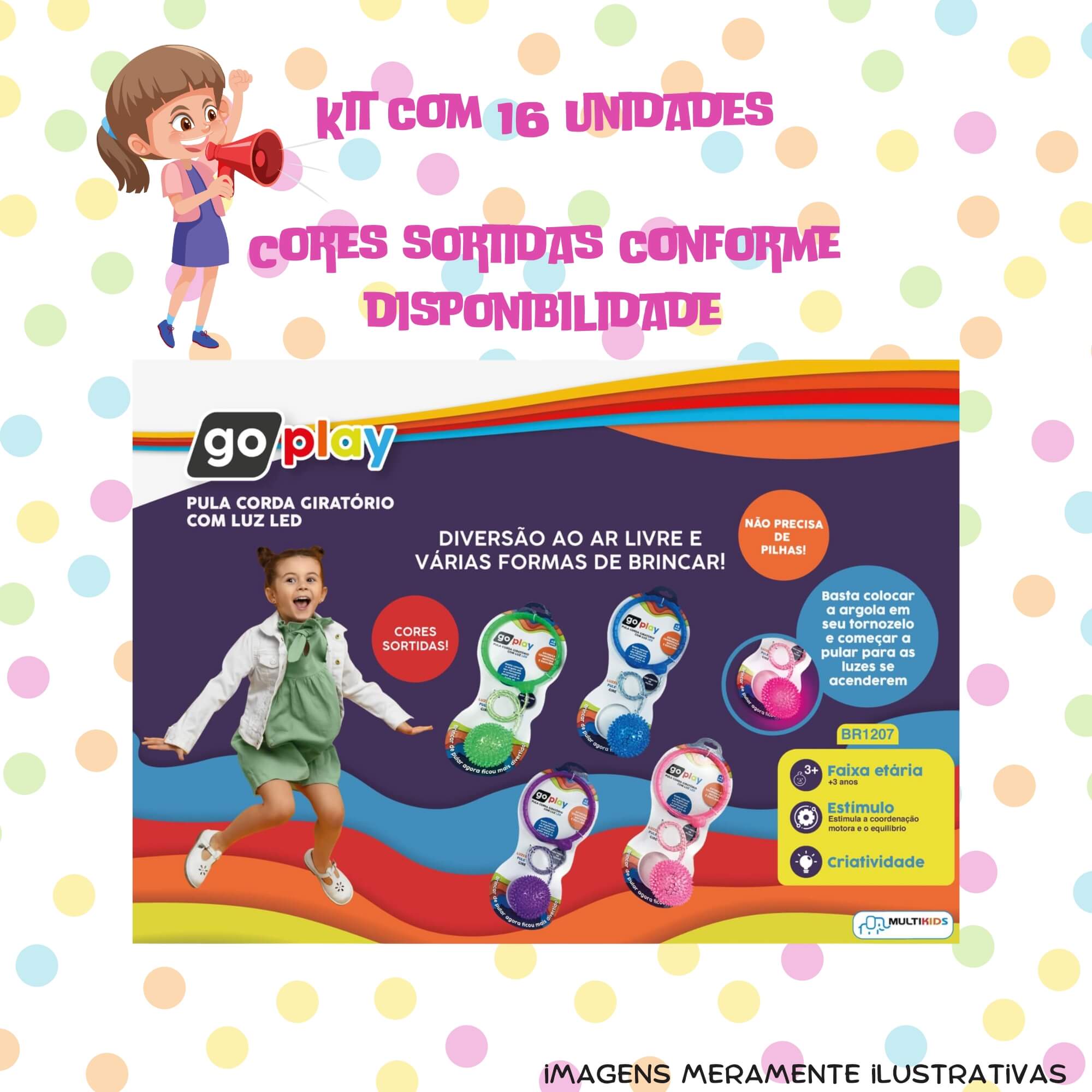 COMP Kit c/ 16 Pula Corda Giratório Cor Sortida c/ Luz Led Lembrancinha Festa Multikids BR1207