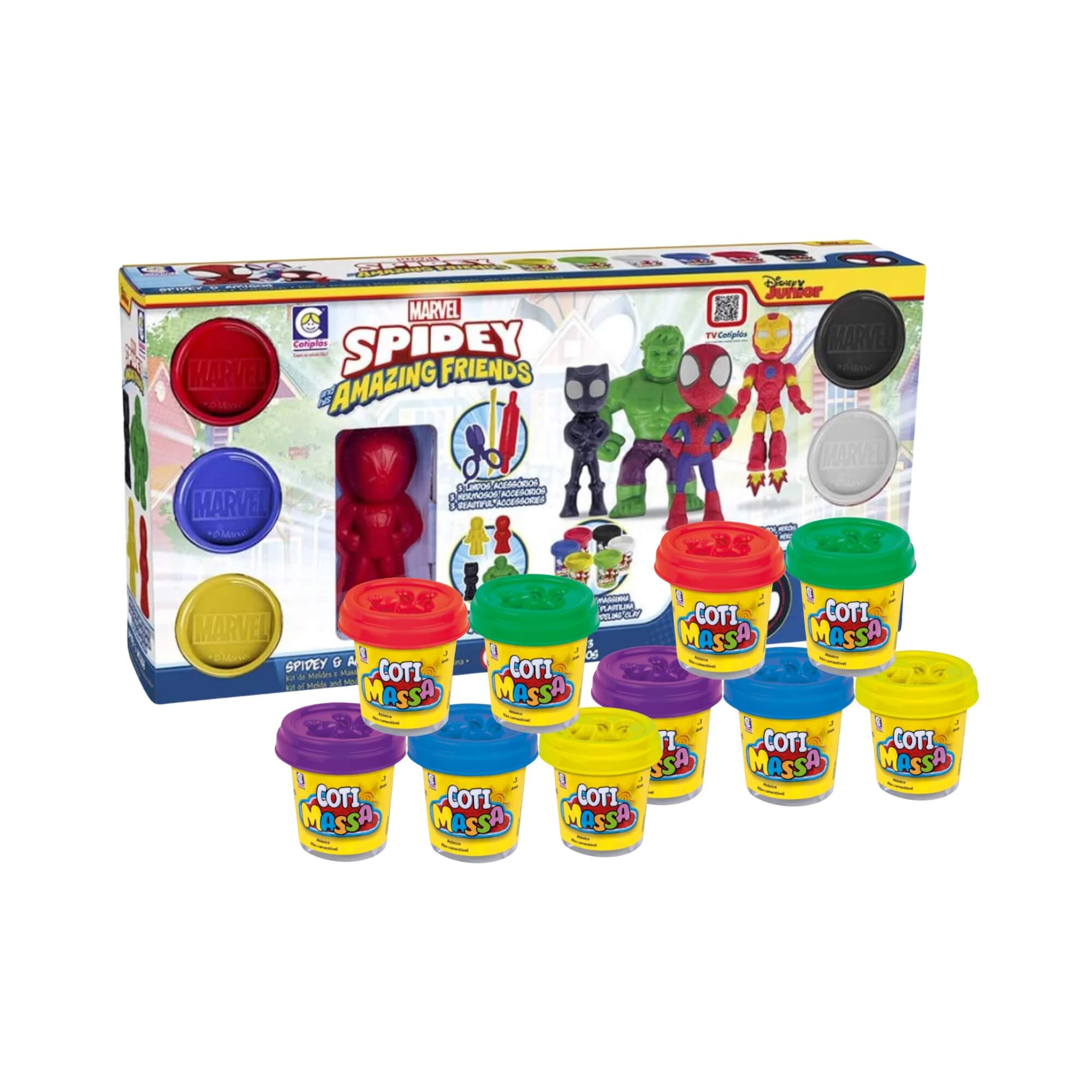 COMP Kit Brinquedo Spidey Massinha de Modelar c/ Acessórios + 10 Potes Coti Massa Cotiplas