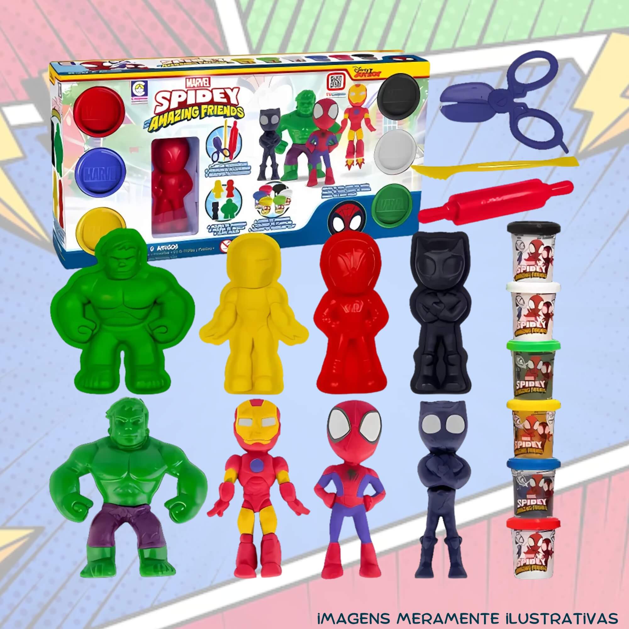COMP Kit Brinquedo Spidey Massinha de Modelar c/ Acessórios + 10 Potes Coti Massa Cotiplas