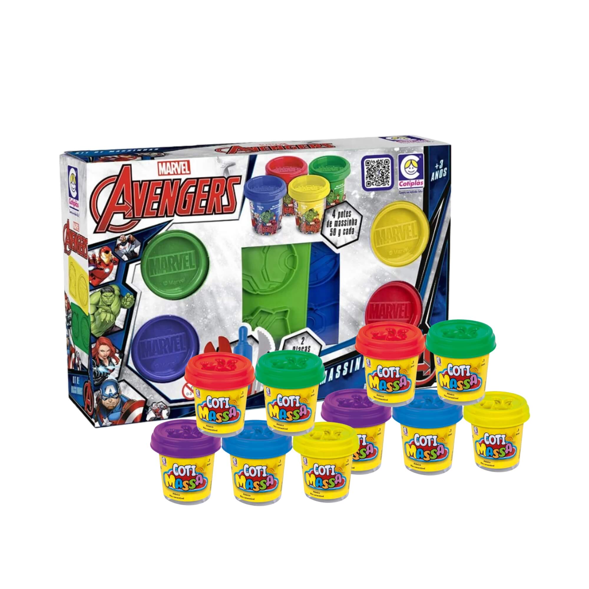 COMP Kit Brinquedo Infantil Massinha de Modelar Avengers + 10 Potes Coti Massa Tutti Frutti Cotiplas