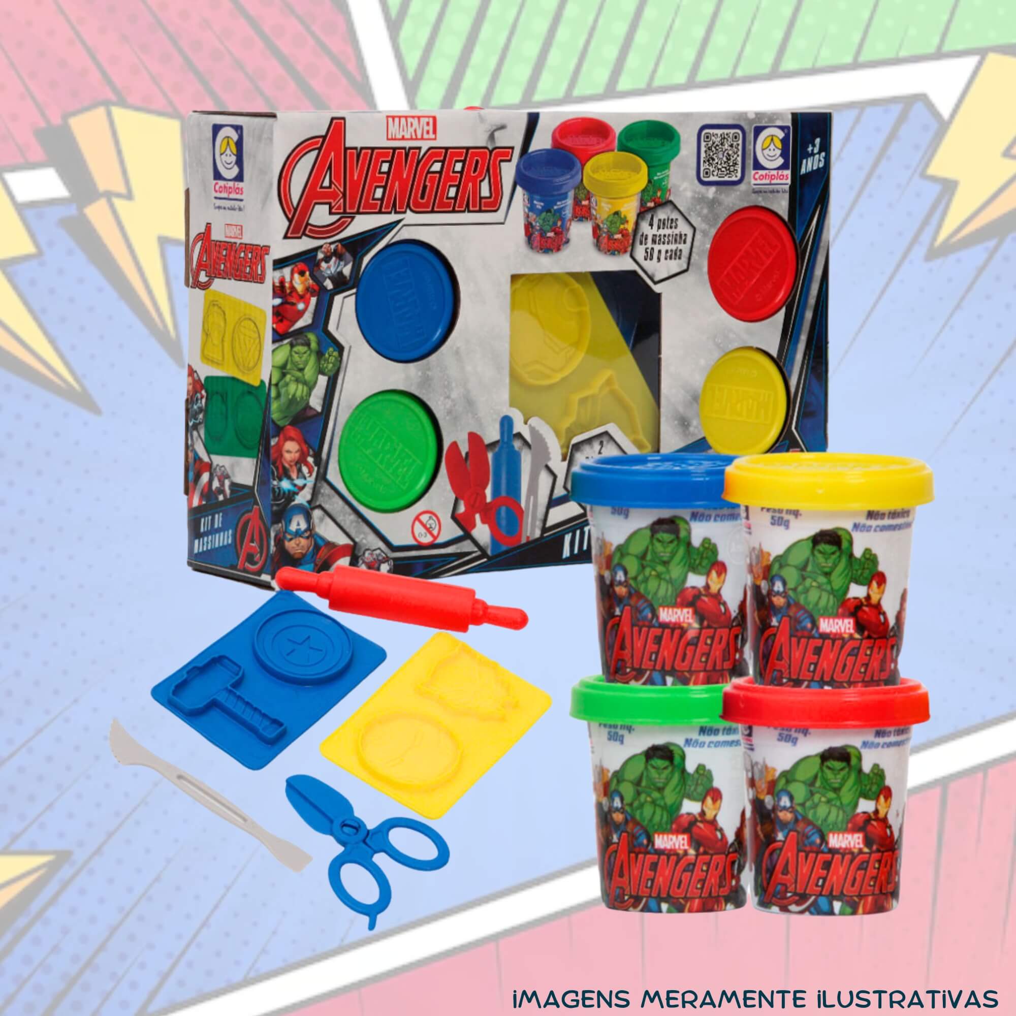 COMP Kit Brinquedo Infantil Massinha de Modelar Avengers + 10 Potes Coti Massa Tutti Frutti Cotiplas