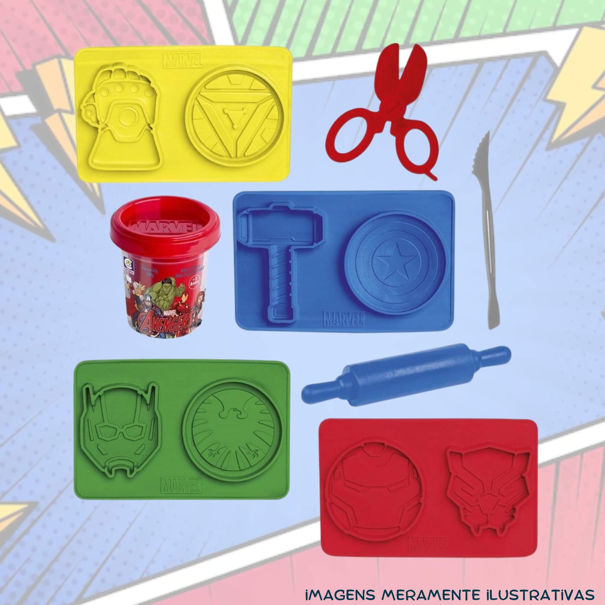 COMP Kit Brinquedo Infantil Massinha de Modelar Avengers + 10 Potes Coti Massa Tutti Frutti Cotiplas