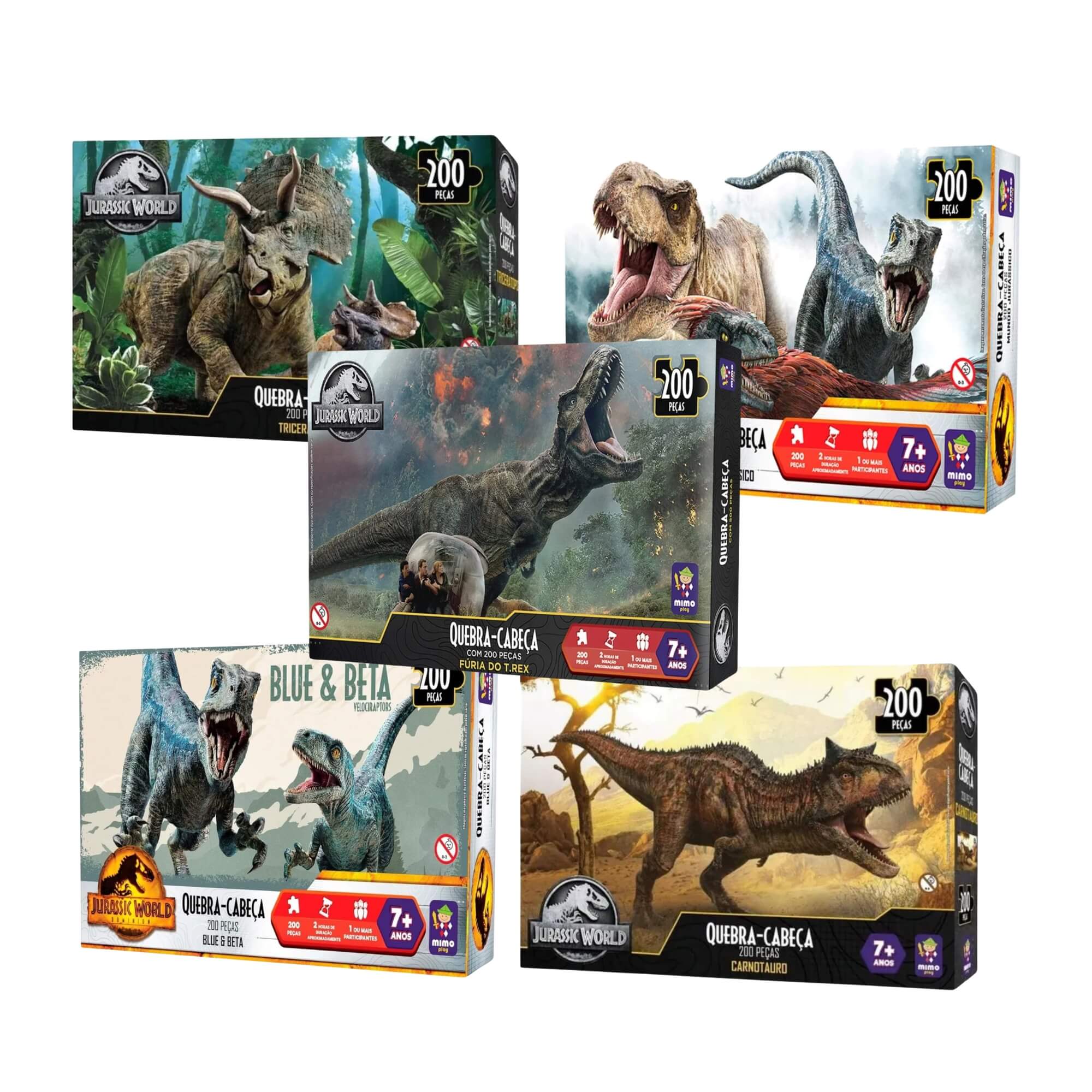 COMP Kit com 5 Quebra-Cabeças Puzzle Colecionável 200 Peças Jurassic World Mimo Toys
