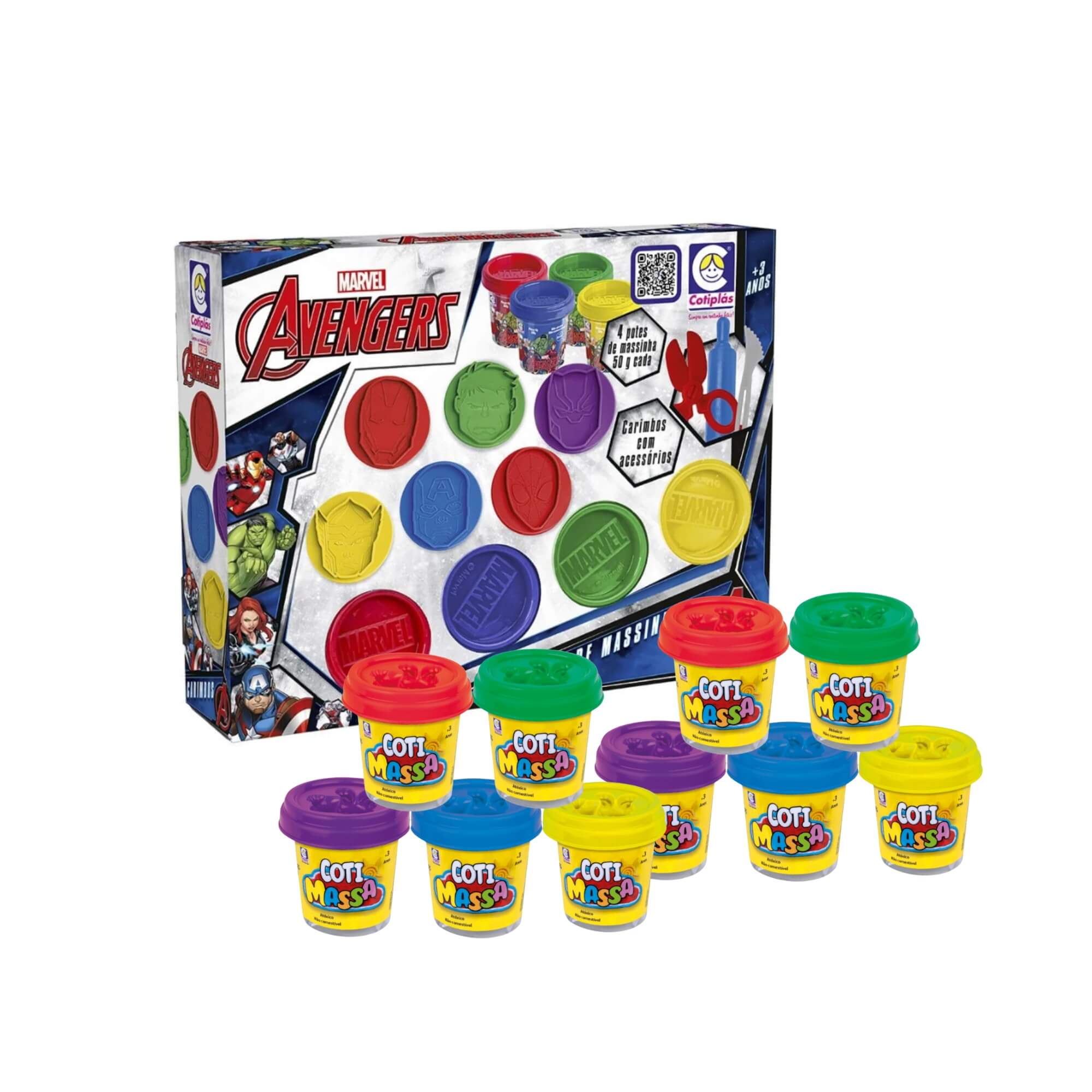 COMP Kit Massinha de Modelar Carimbos da Marvel + 10 Potes Coti Massa Tutti Frutti Cotiplas