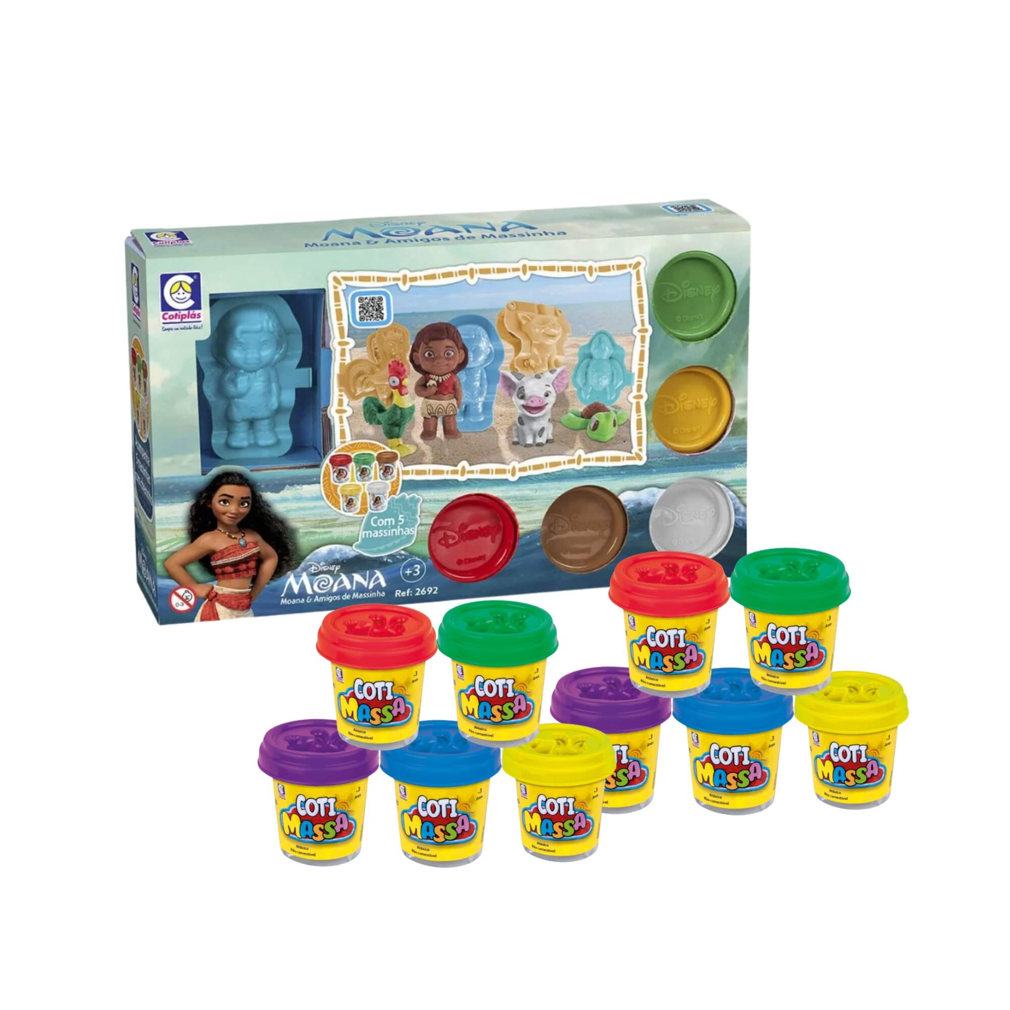 COMP Kit Brinquedo Infantil Moana e Amigos de Massinha + 10 Potes Coti Massa Tutti Frutti Cotiplas