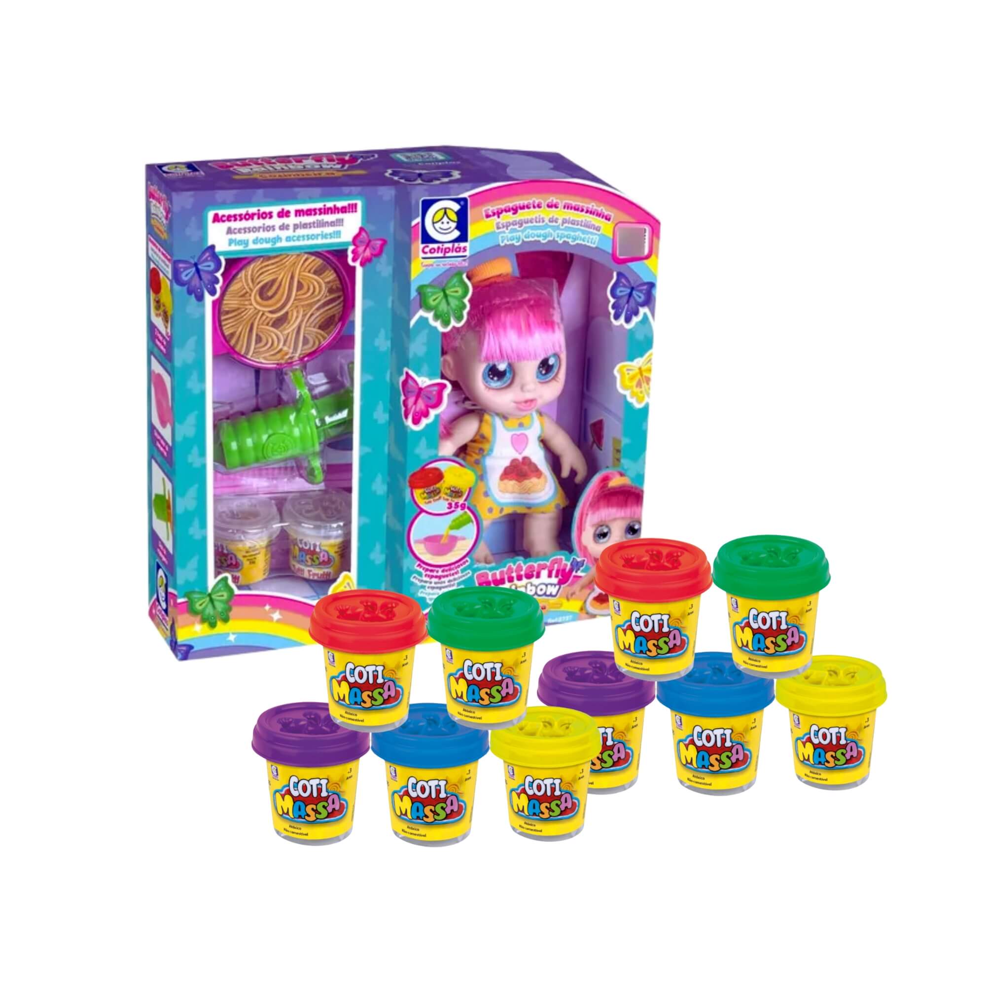 COMP Kit Boneca Butterfly Rainbow Massinha de Modelar + 10 Potes Coti Massa Tutti Frutti Cotiplás