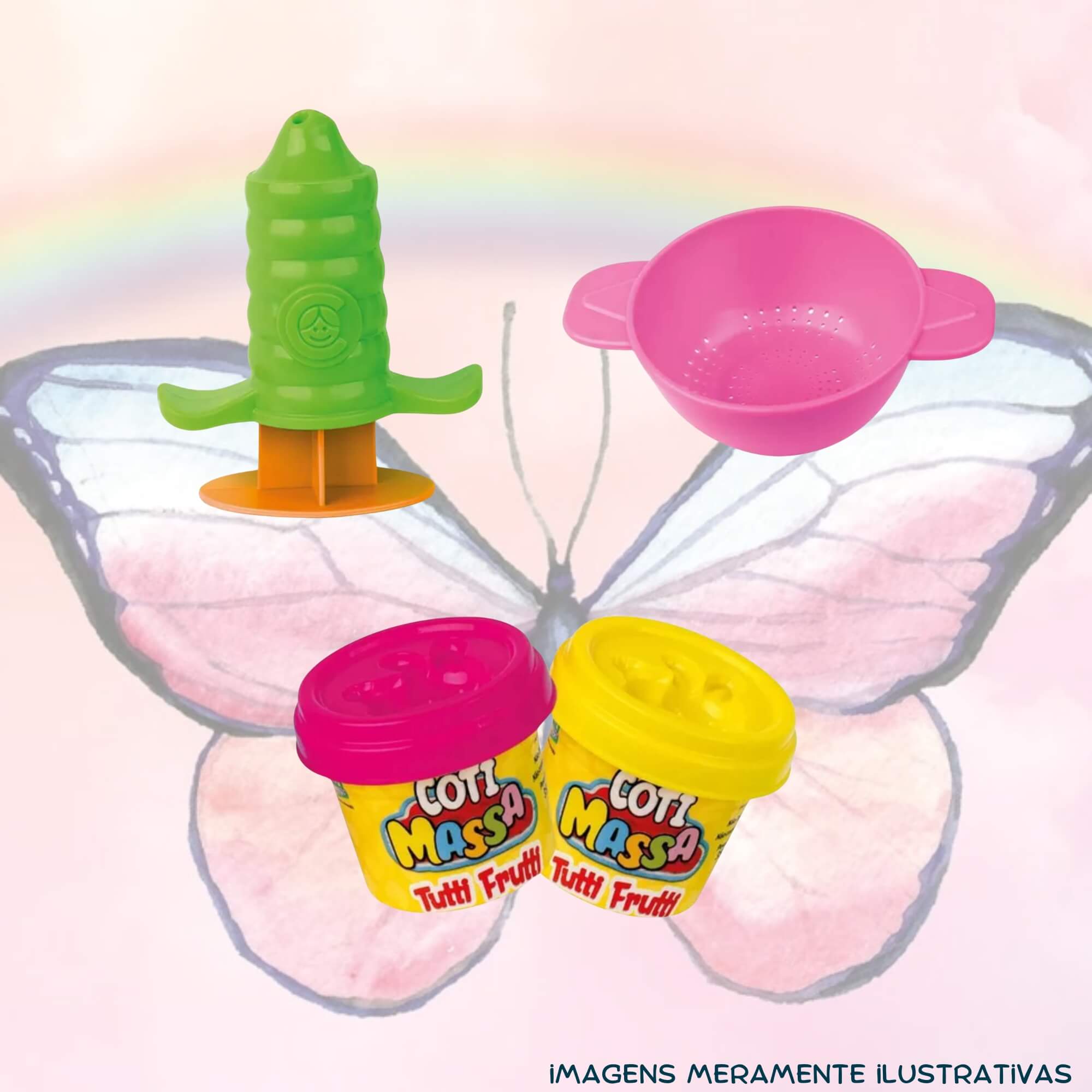 COMP Kit Boneca Butterfly Rainbow Massinha de Modelar + 10 Potes Coti Massa Tutti Frutti Cotiplás