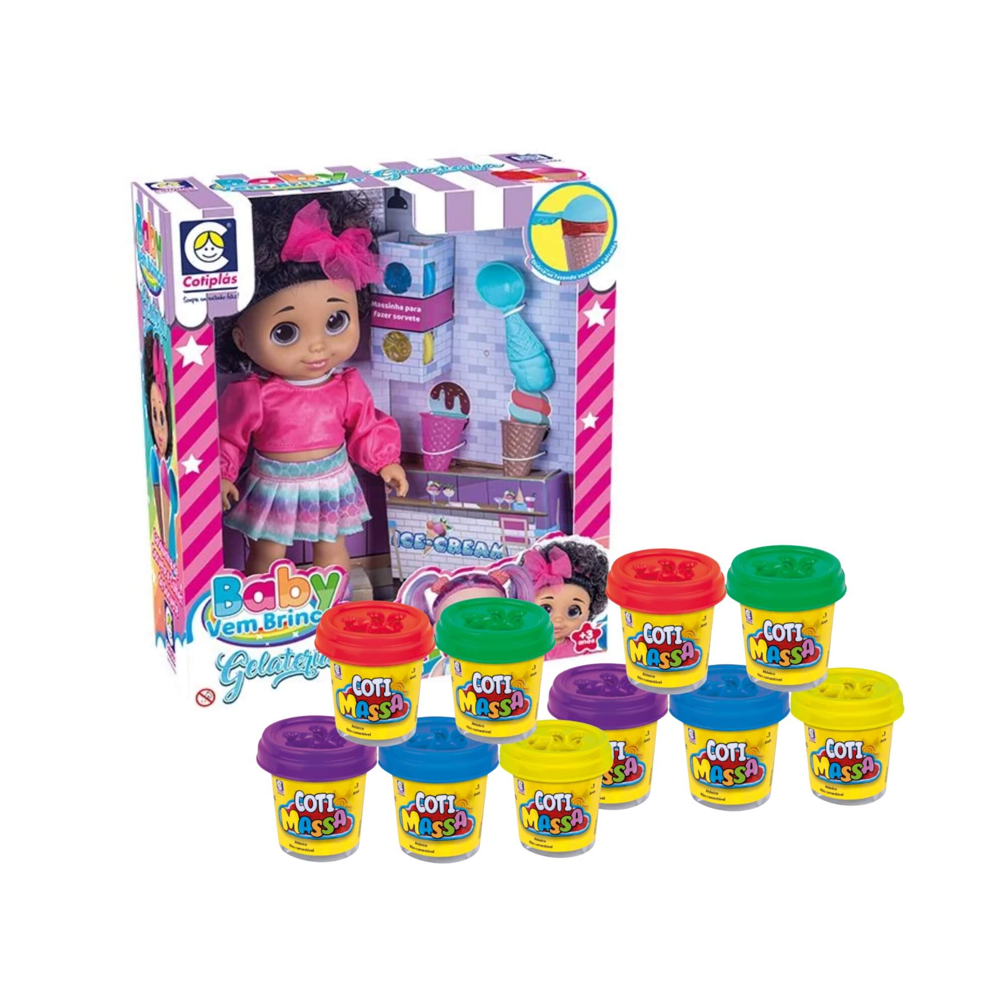 COMP Kit Brinquedo Boneca Baby Vem Brincar Gelateria Massinha de Modelar + 10 Coti Massa Cotiplas