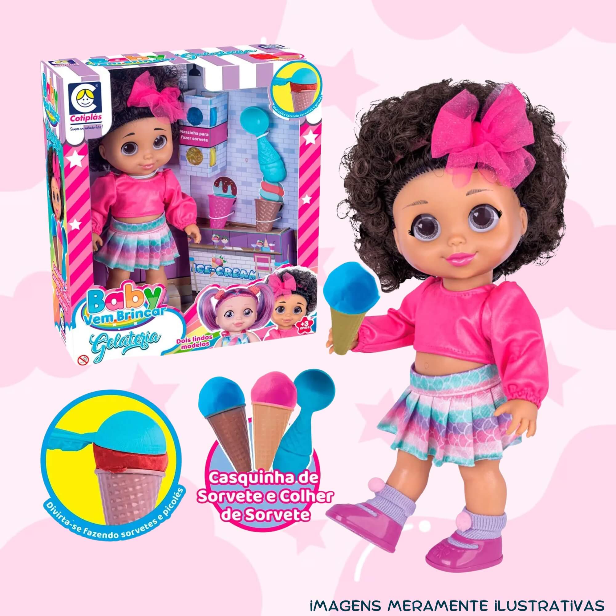 COMP Kit Brinquedo Boneca Baby Vem Brincar Gelateria Massinha de Modelar + 10 Coti Massa Cotiplas