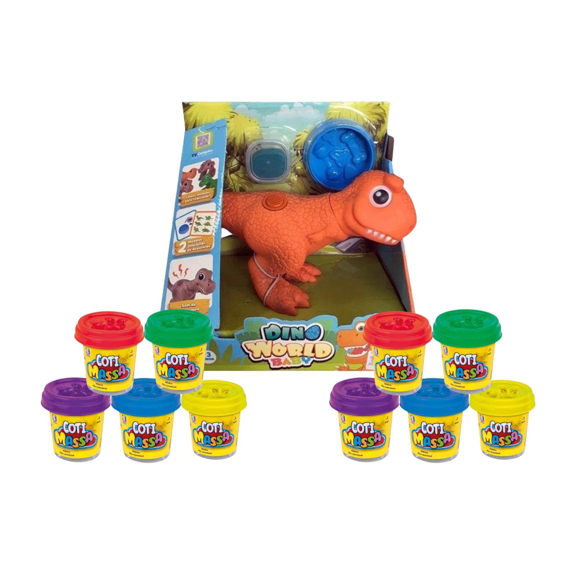 COMP Kit Brinquedo Infantil Dino World Babys Carnotauro Massinha de Modelar + 10 Coti Massa Cotiplas