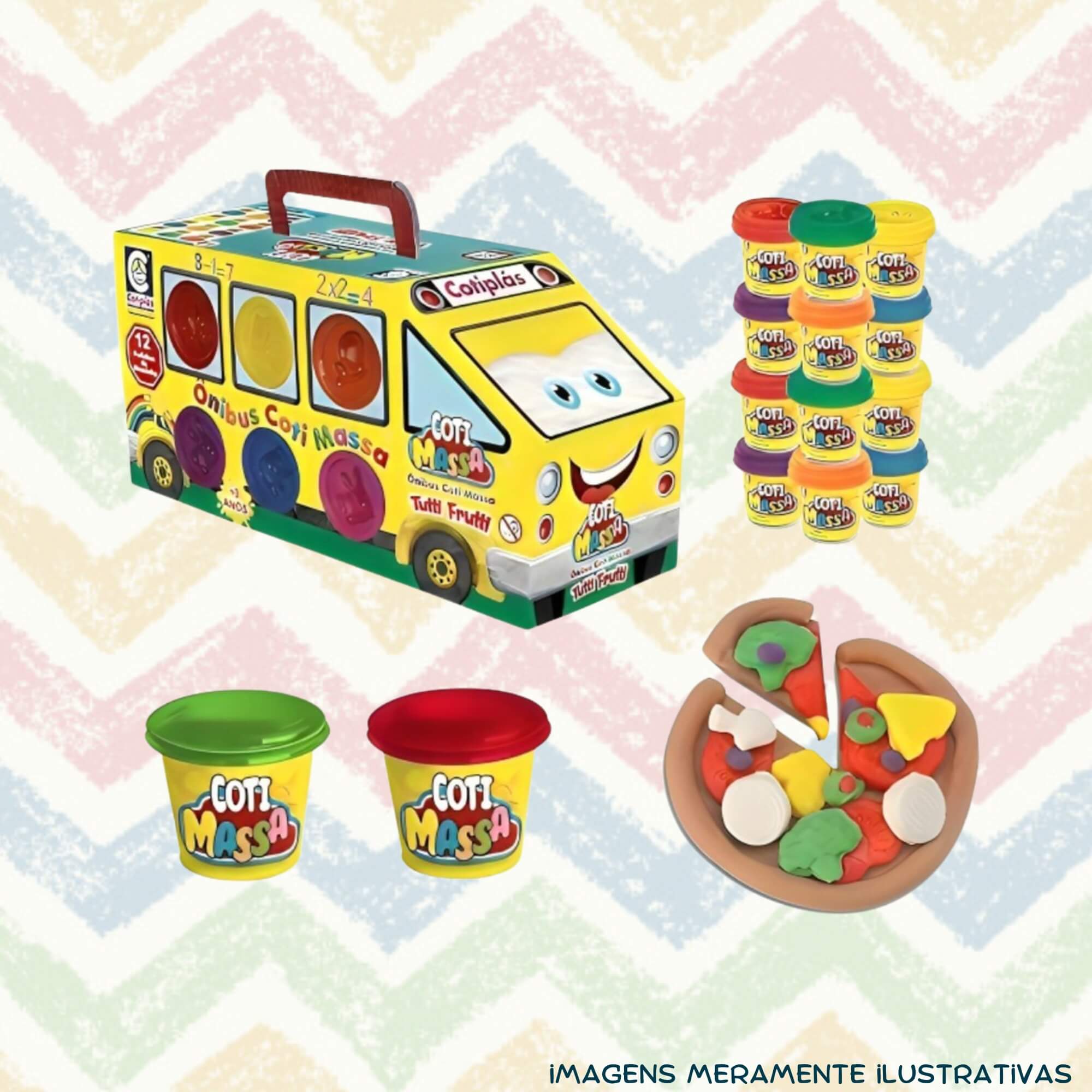 COMP Kit Brinquedo Infantil Massinha de Modelar Maleta Ônibus + 10 Potes Coti Massa Cotiplás