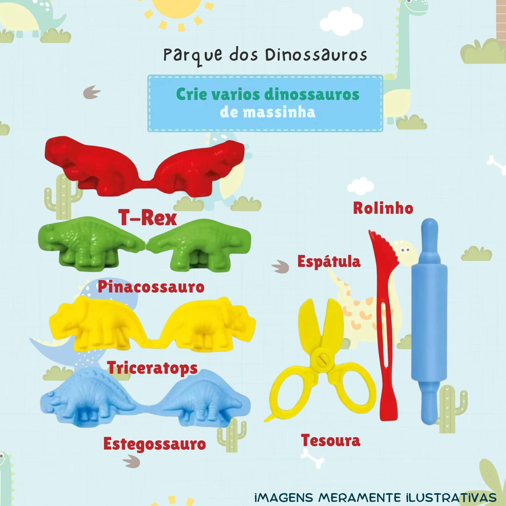 COMP Kit Brinquedo Massinha de Modelar Animais Parque Dinossauros + 10 Potes Coti Massa Cotiplas
