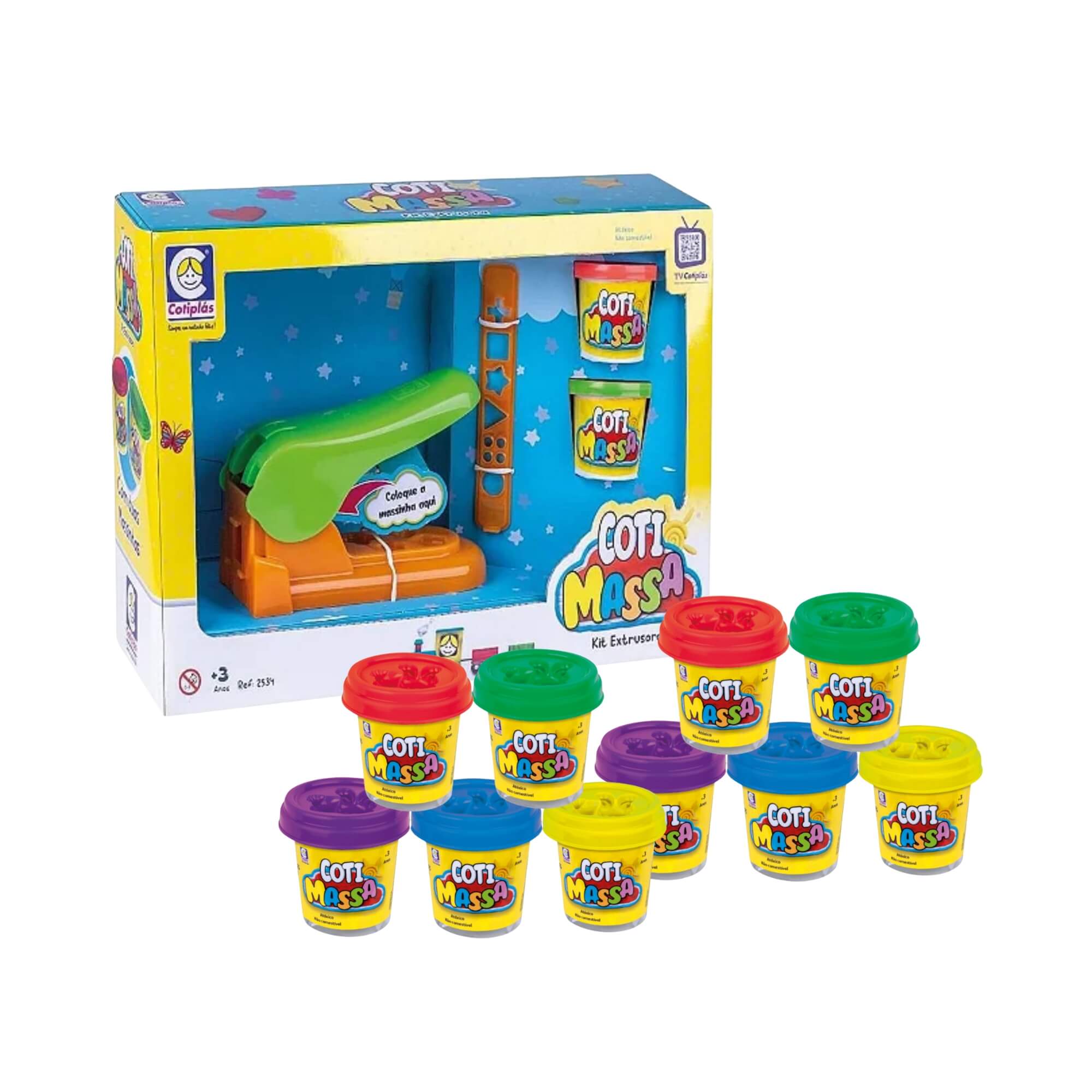 COMP Kit Brinquedo Infantil Extrusora Massinha de Modelar Acessórios + 10 Potes Coti Massa Cotiplás