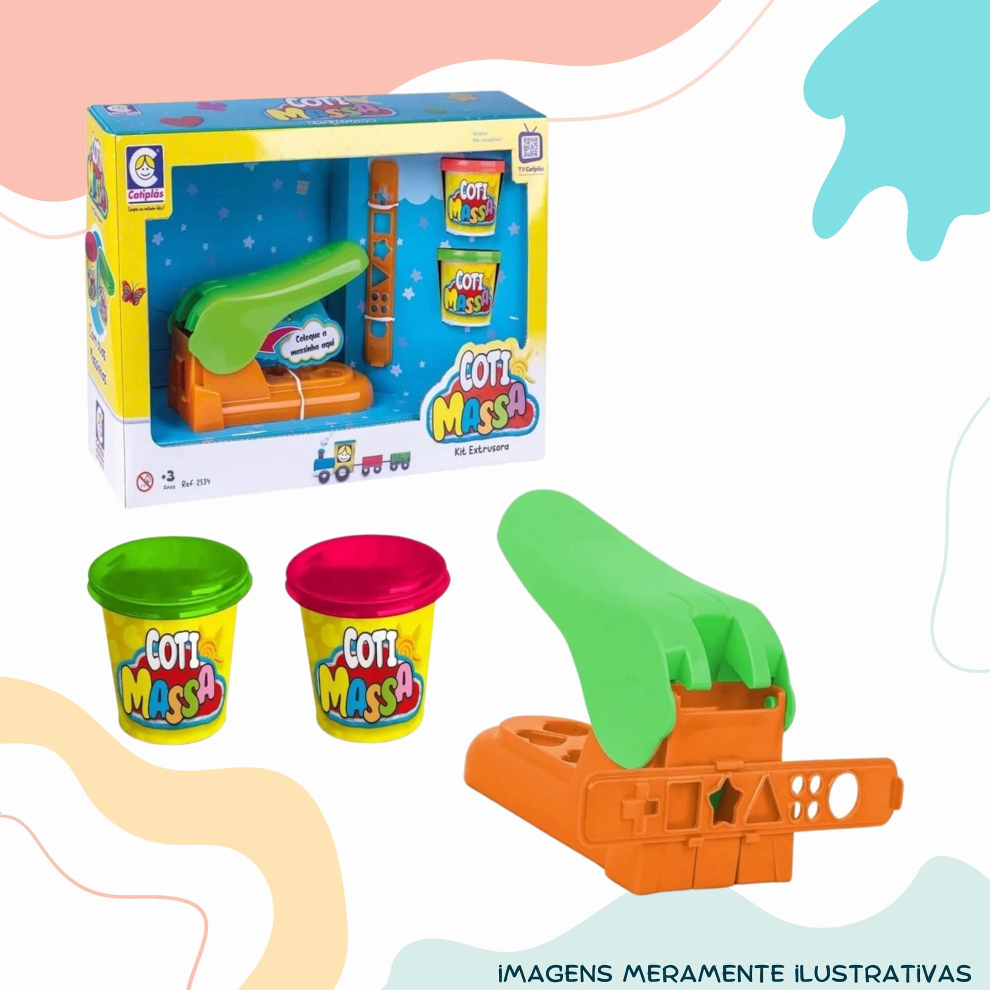 COMP Kit Brinquedo Infantil Extrusora Massinha de Modelar Acessórios + 10 Potes Coti Massa Cotiplás