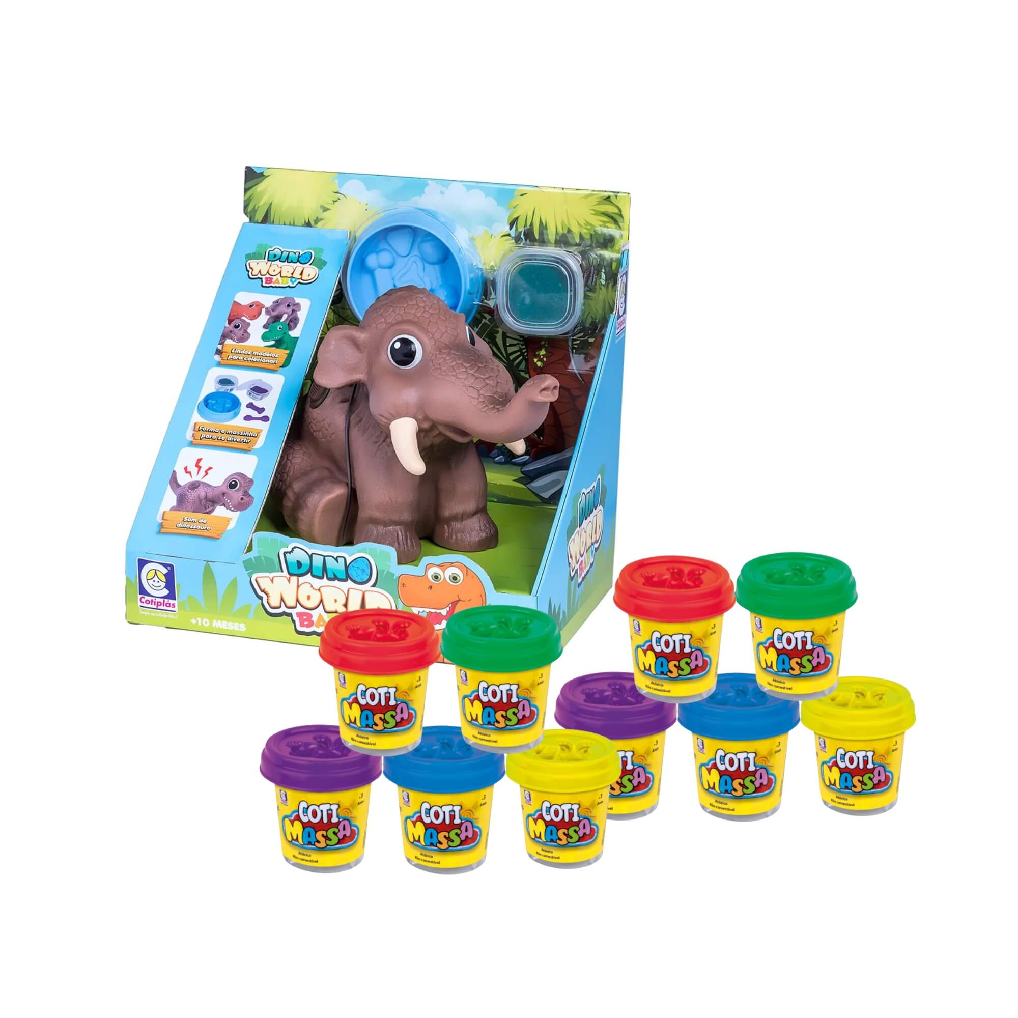 COMP Kit Boneco Dino World Babys Mamute Massinha de Modelar + 10 Potes de Coti Massa Cotiplás