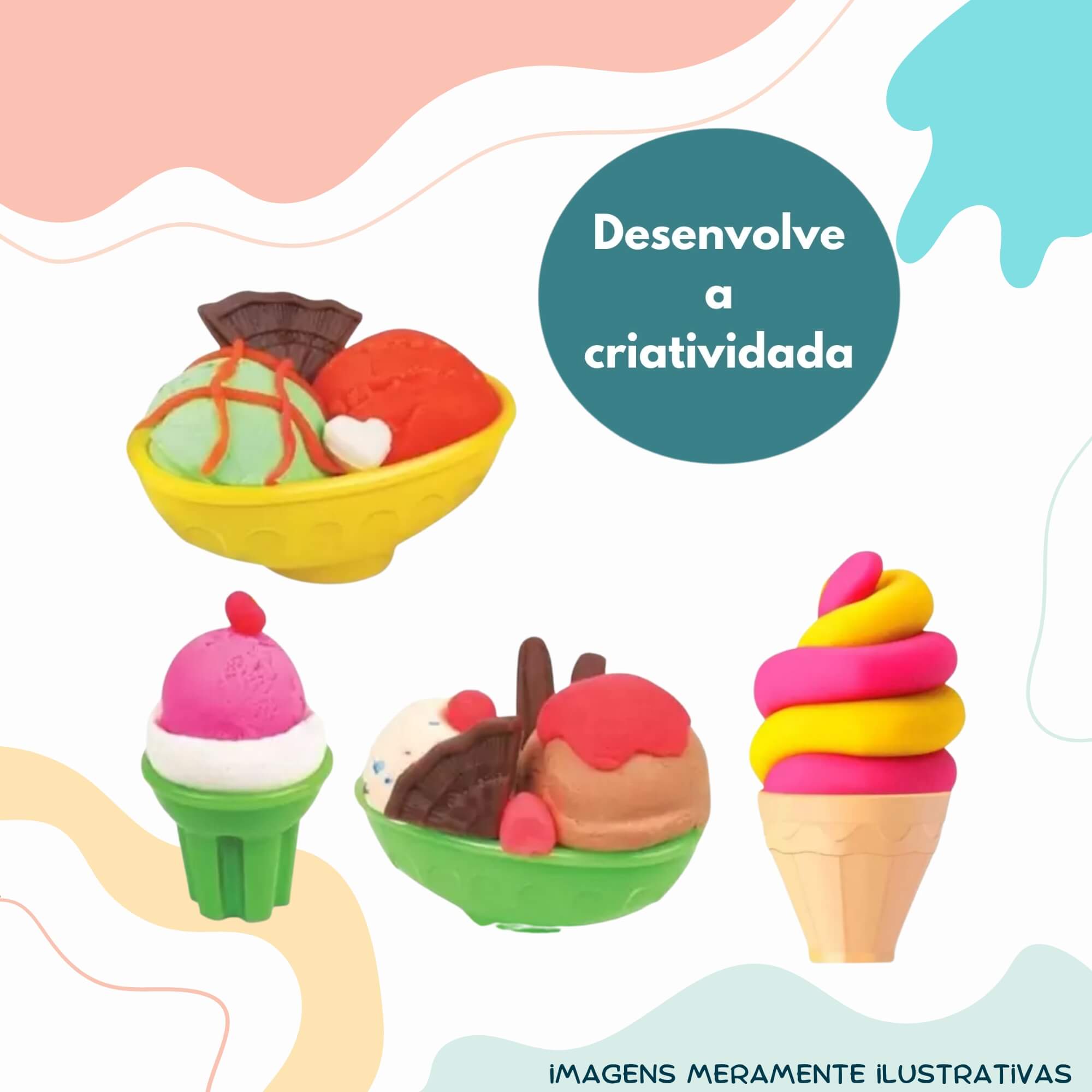 COMP Kit Brinquedo Infantil Sorveteria de Massinha de Modelar + 10 Potes de Coti Massa Cotiplas