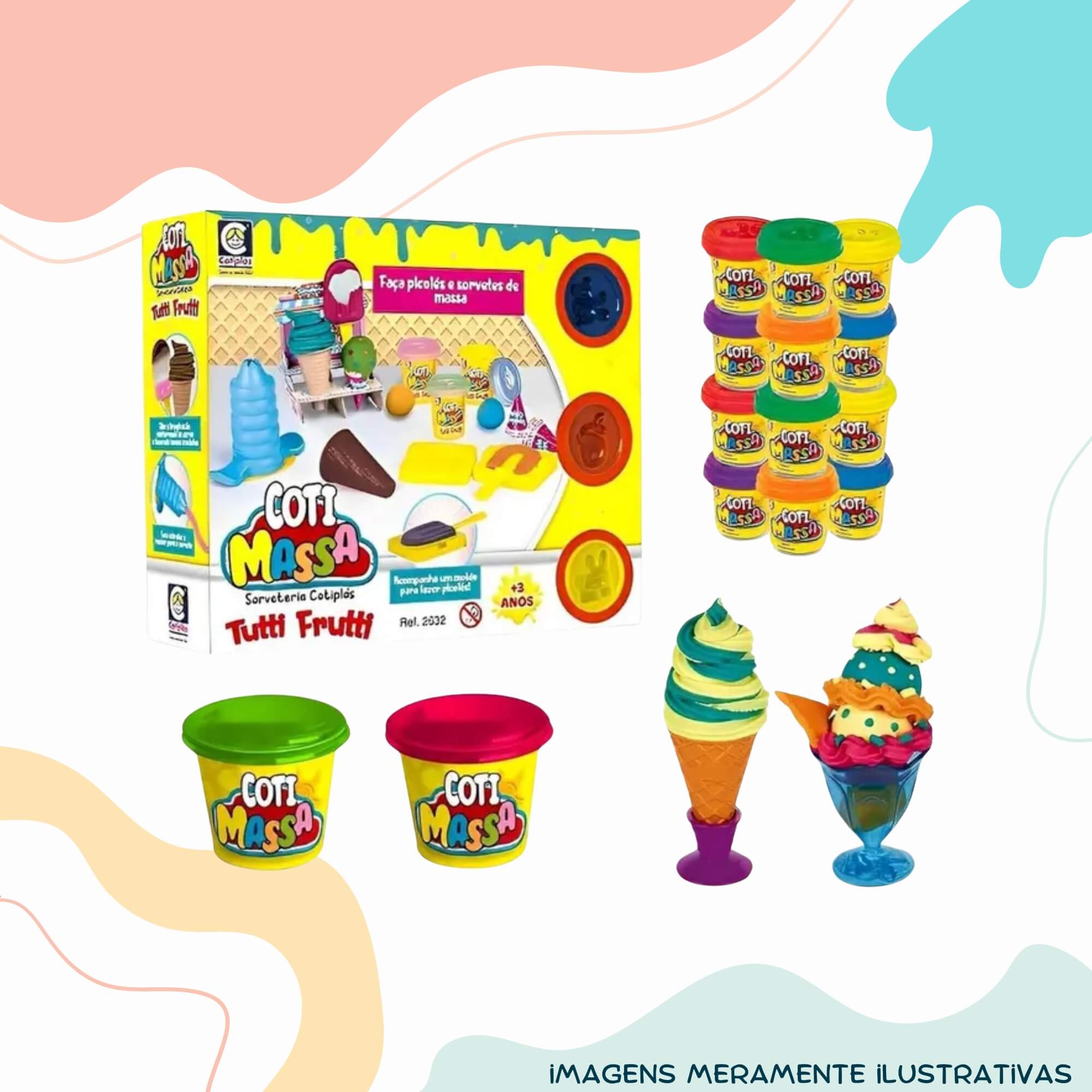 COMP Kit Brinquedo Infantil Sorveteria de Massinha de Modelar + 10 Potes de Coti Massa Cotiplas