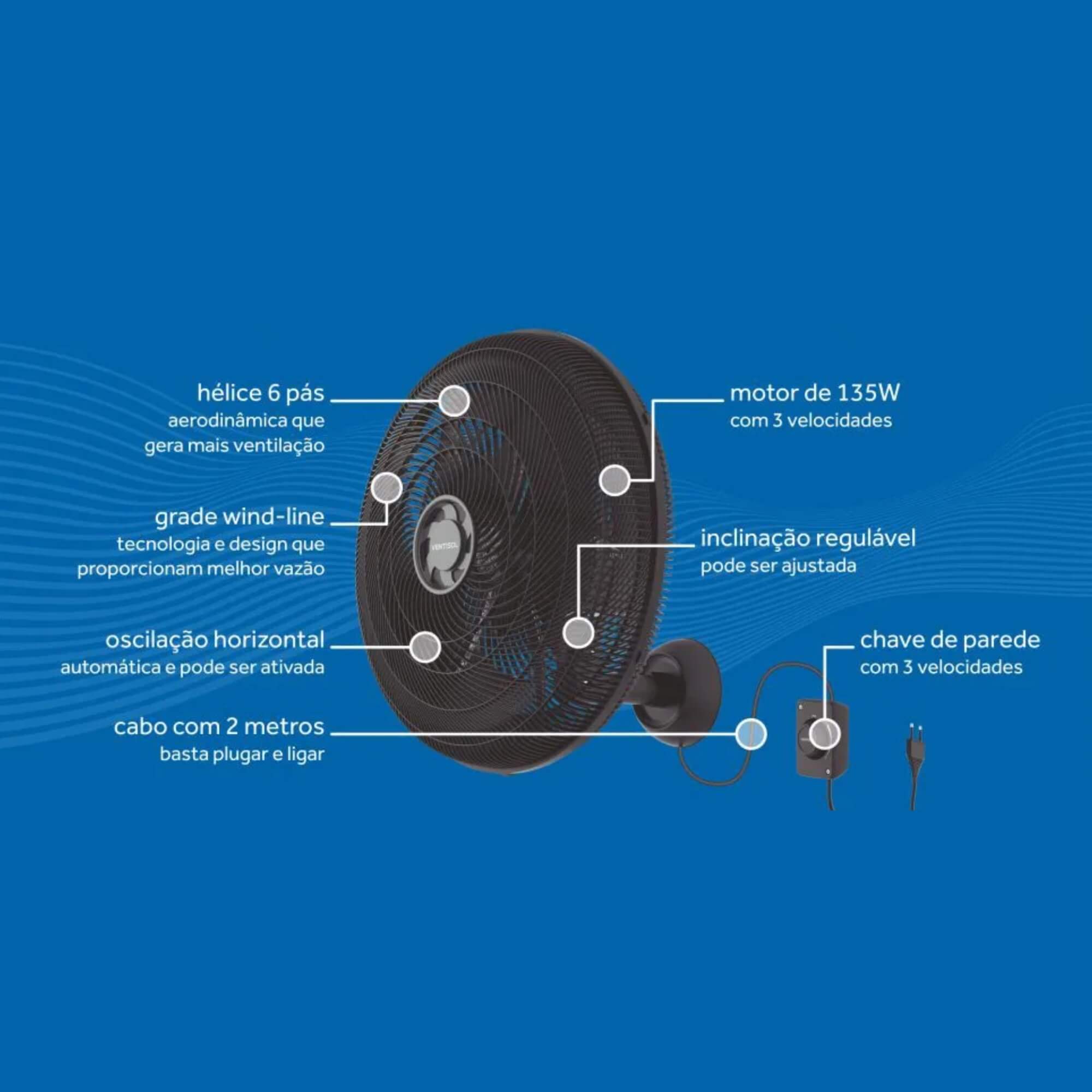 Ventilador Oscilante de Parede Monta Fácil 50cm Preto 127V 6 Pás Ventisol Agratto - 11421