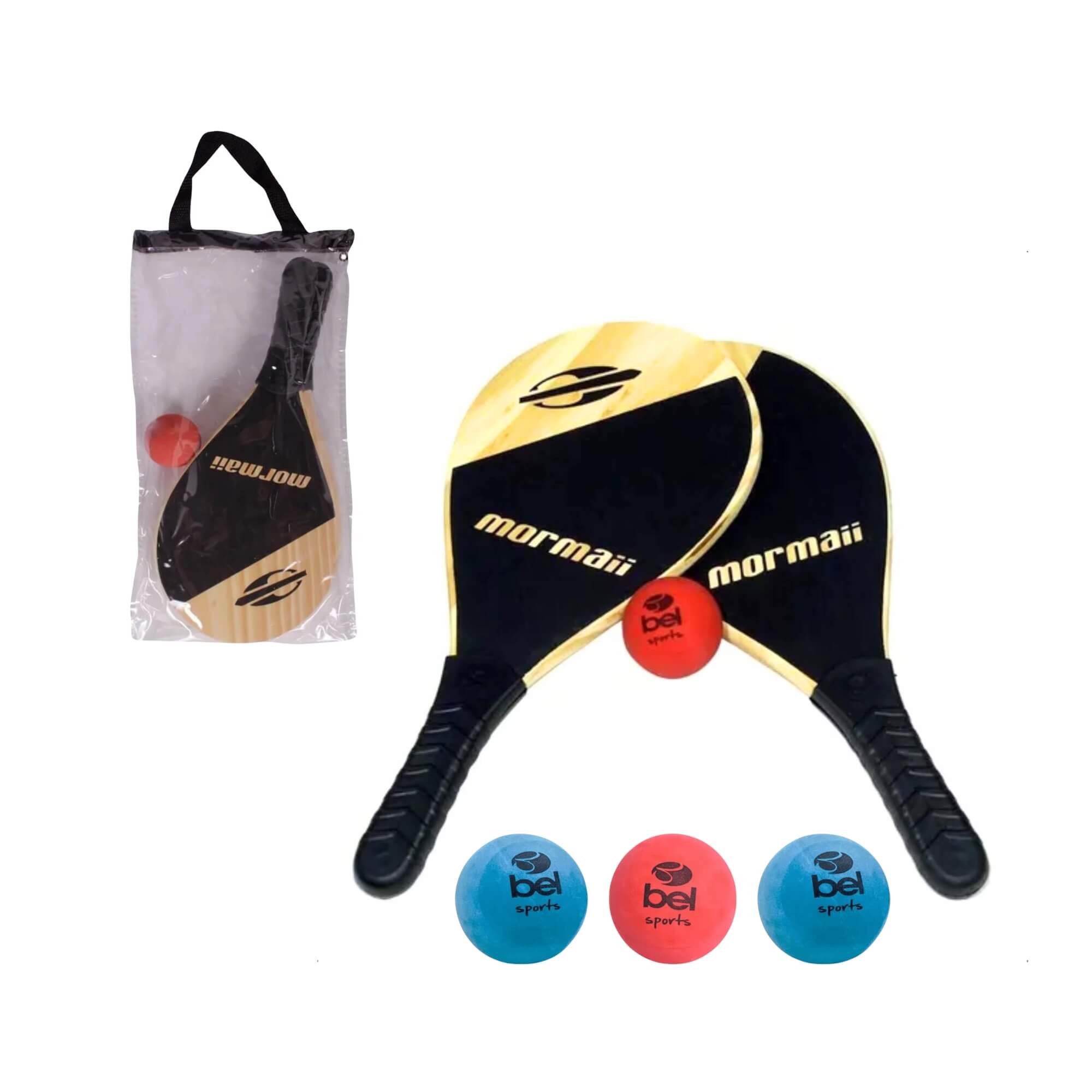 COMP Kit Jogo de Frescobol Raquetes + 4 Bolinhas de Borracha Praia Esportes ao Ar Livre
