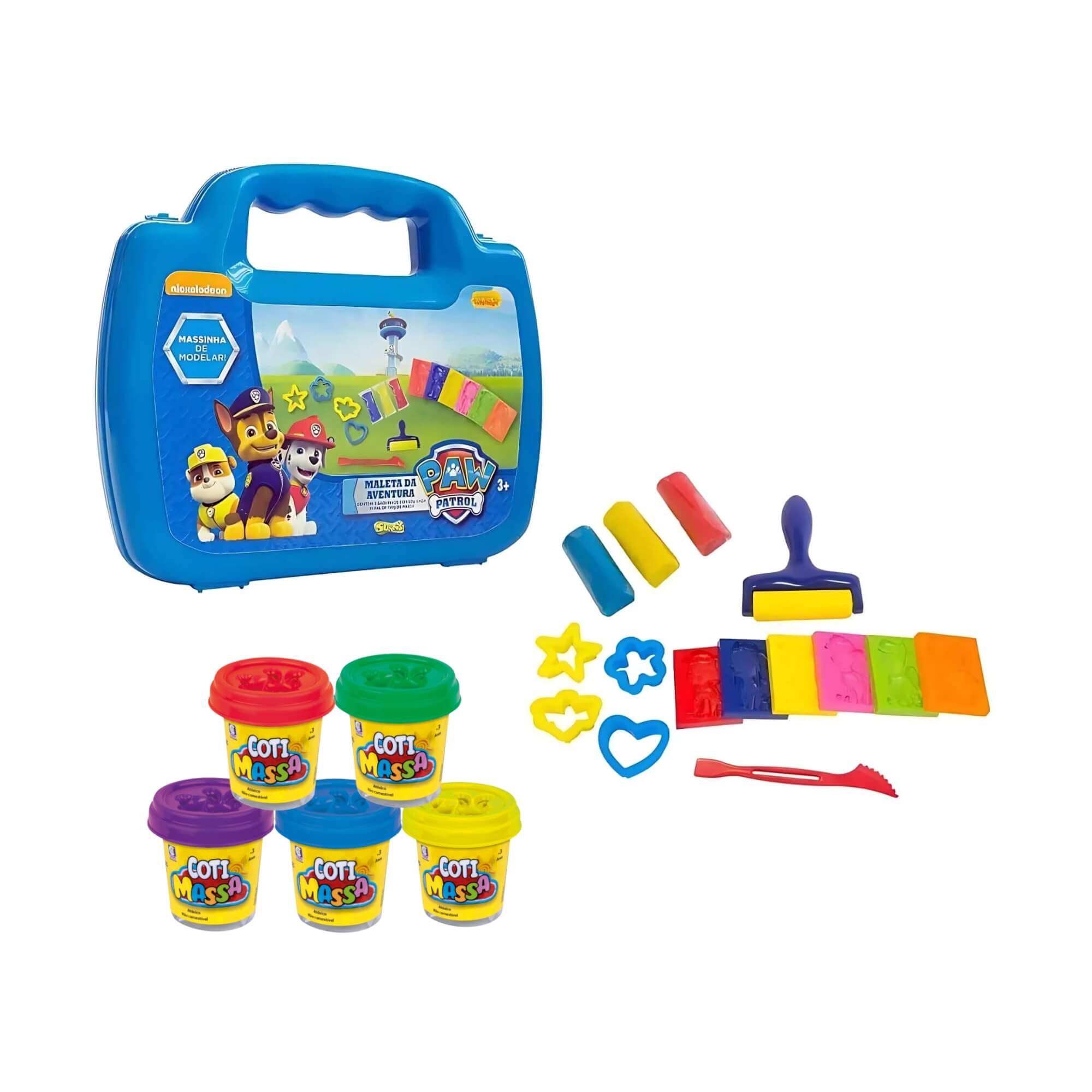 COMP Kit Brinquedo Infantil Massinha de Modelar Mini Maleta Patrulha Canina + 5 Potes de Coti Massa