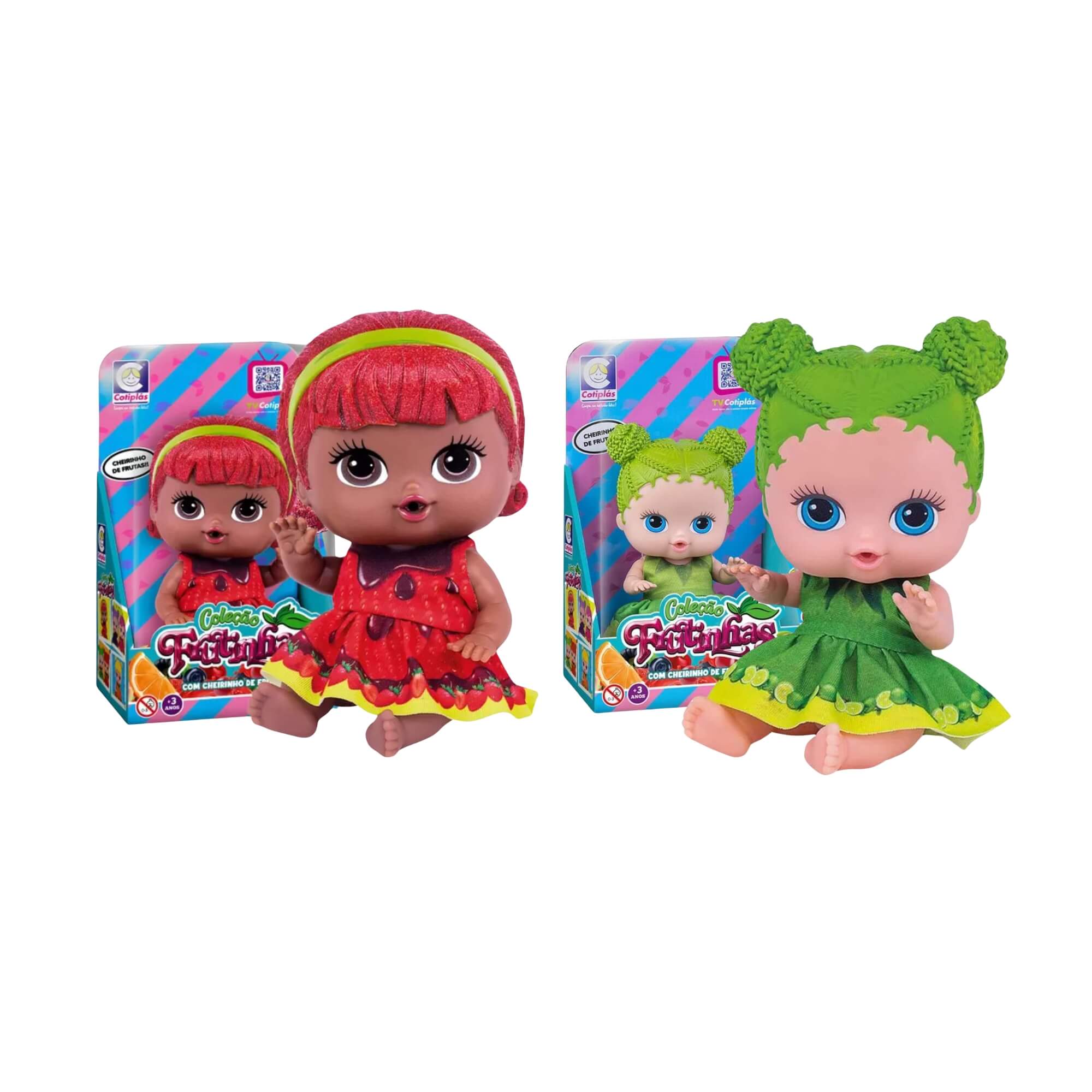 COMP Kit Brinquedo Bonecas 19cm Coleção Frutinhas Morango c/ Chocolate Limão Blister Cotiplás