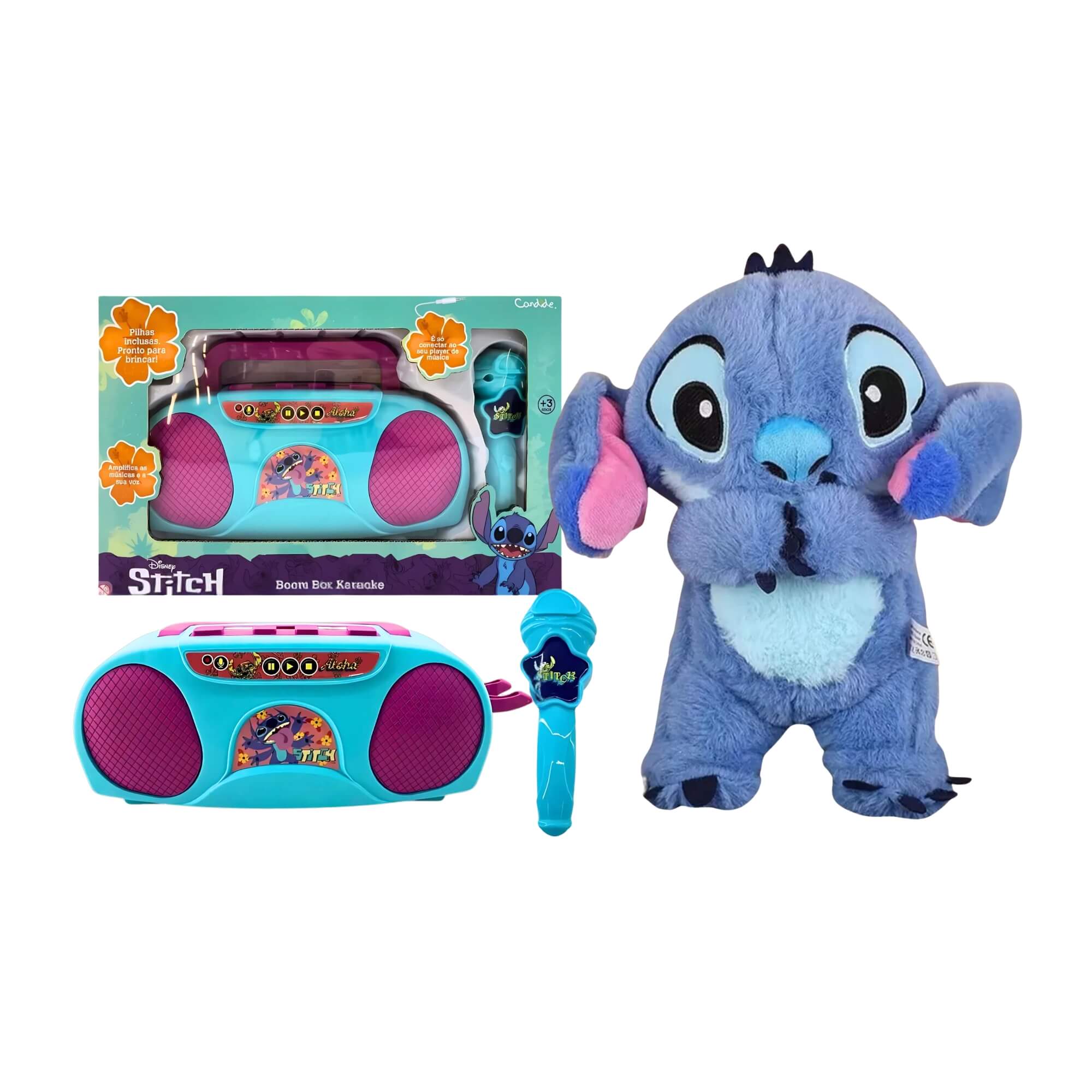 COMP Kit Pelúcia Stitch Disney Peek a Boo Interativo 30cm + Boombox Caixa de Som Infantil Karaokê