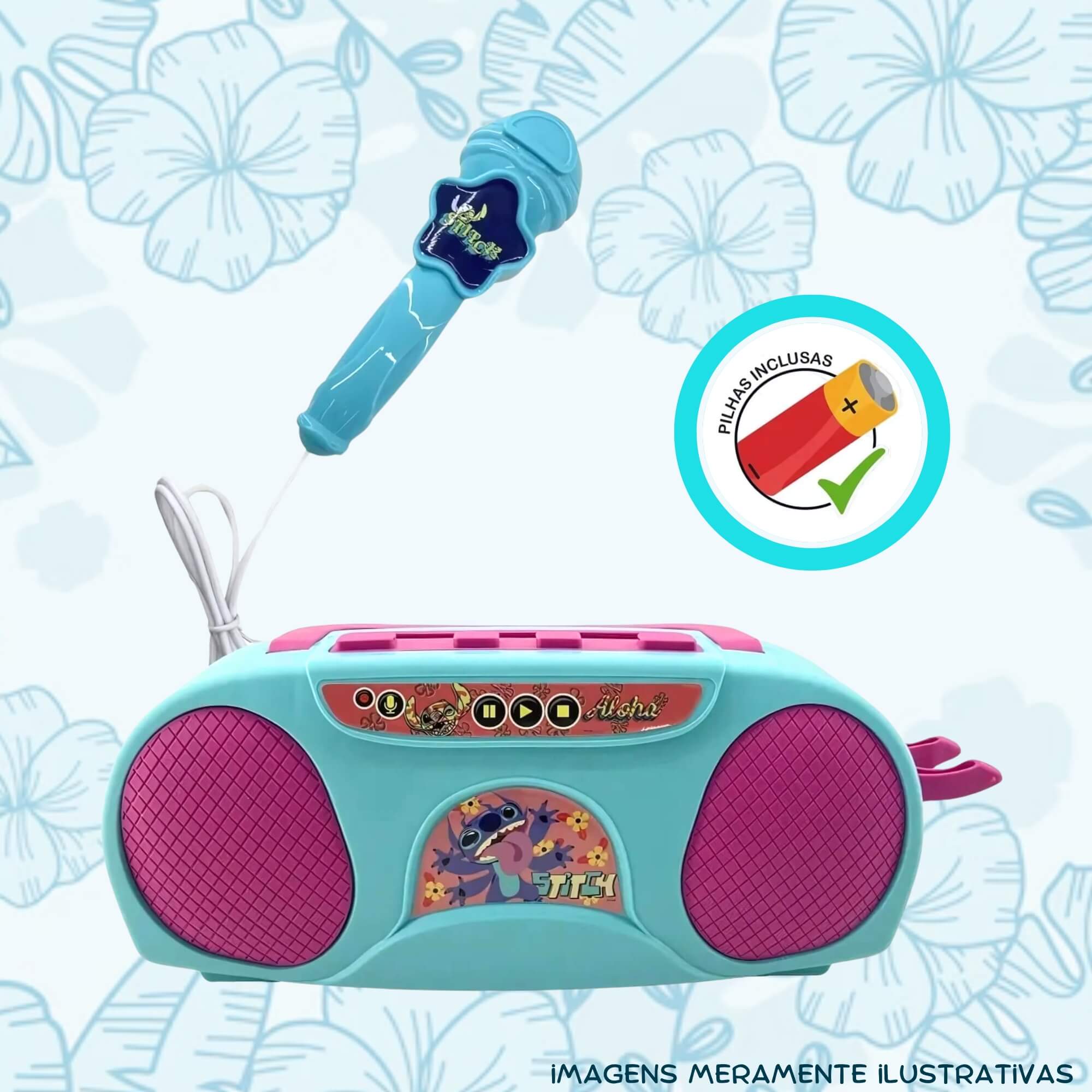 COMP Kit Pelúcia Stitch Disney Peek a Boo Interativo 30cm + Boombox Caixa de Som Infantil Karaokê