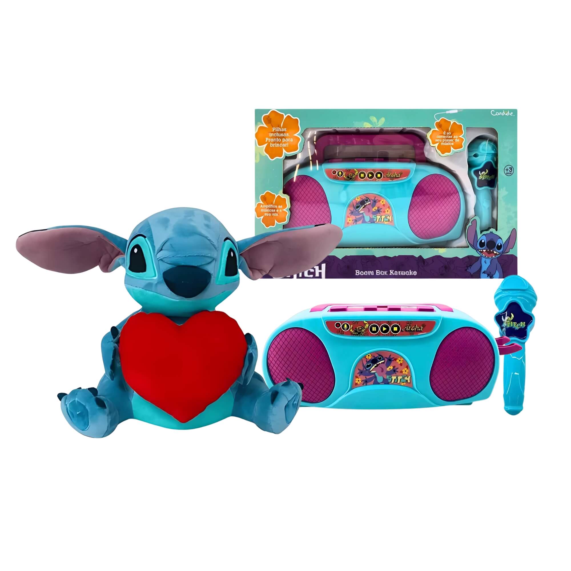 COMP Kit Pelúcia Stitch Disney Coração com Luz e Som 30cm + Boombox Caixa de Som Infantil Karaokê