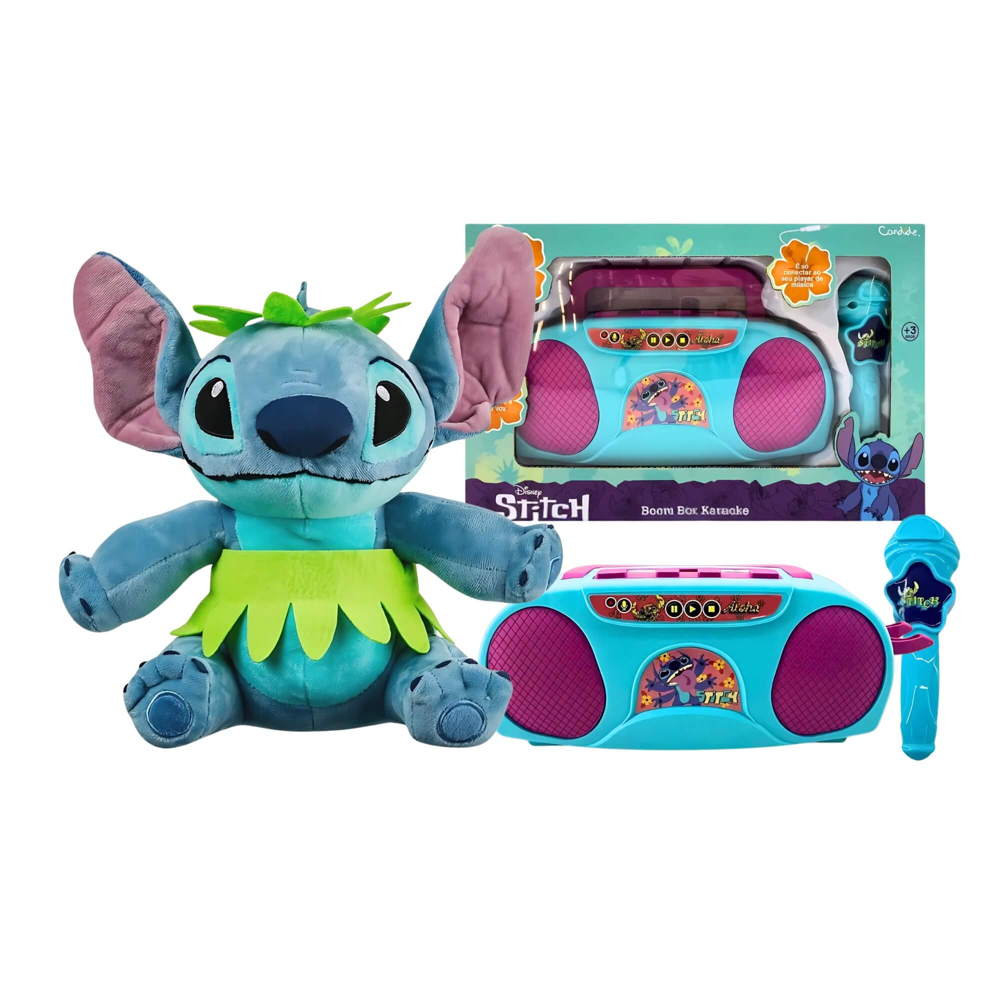 COMP Kit Pelúcia Stitch Disney Hula Hula com Luz e Som 30cm + Boombox Caixa de Som Infantil Karaokê