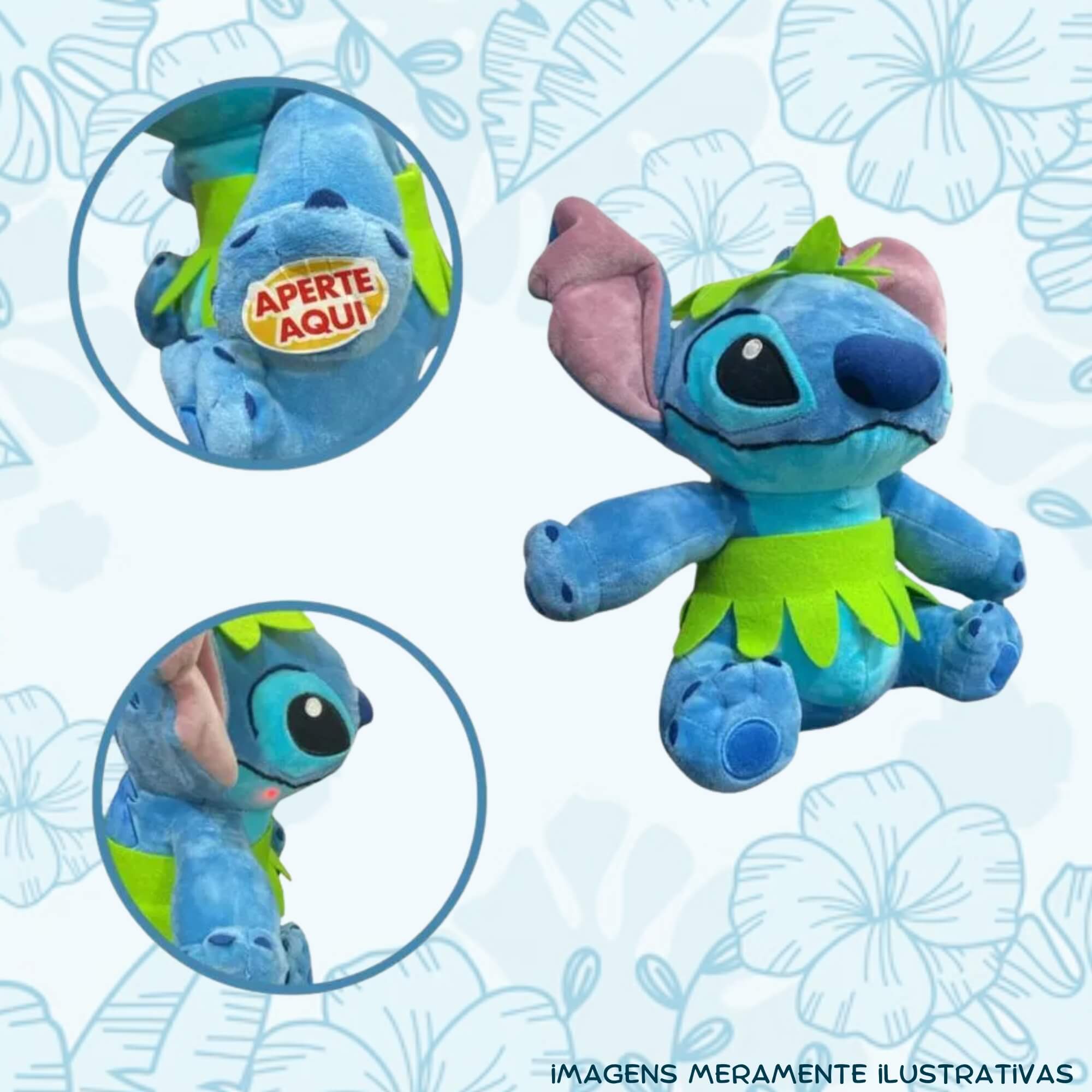 COMP Kit Pelúcia Stitch Disney Hula Hula com Luz e Som 30cm + Boombox Caixa de Som Infantil Karaokê