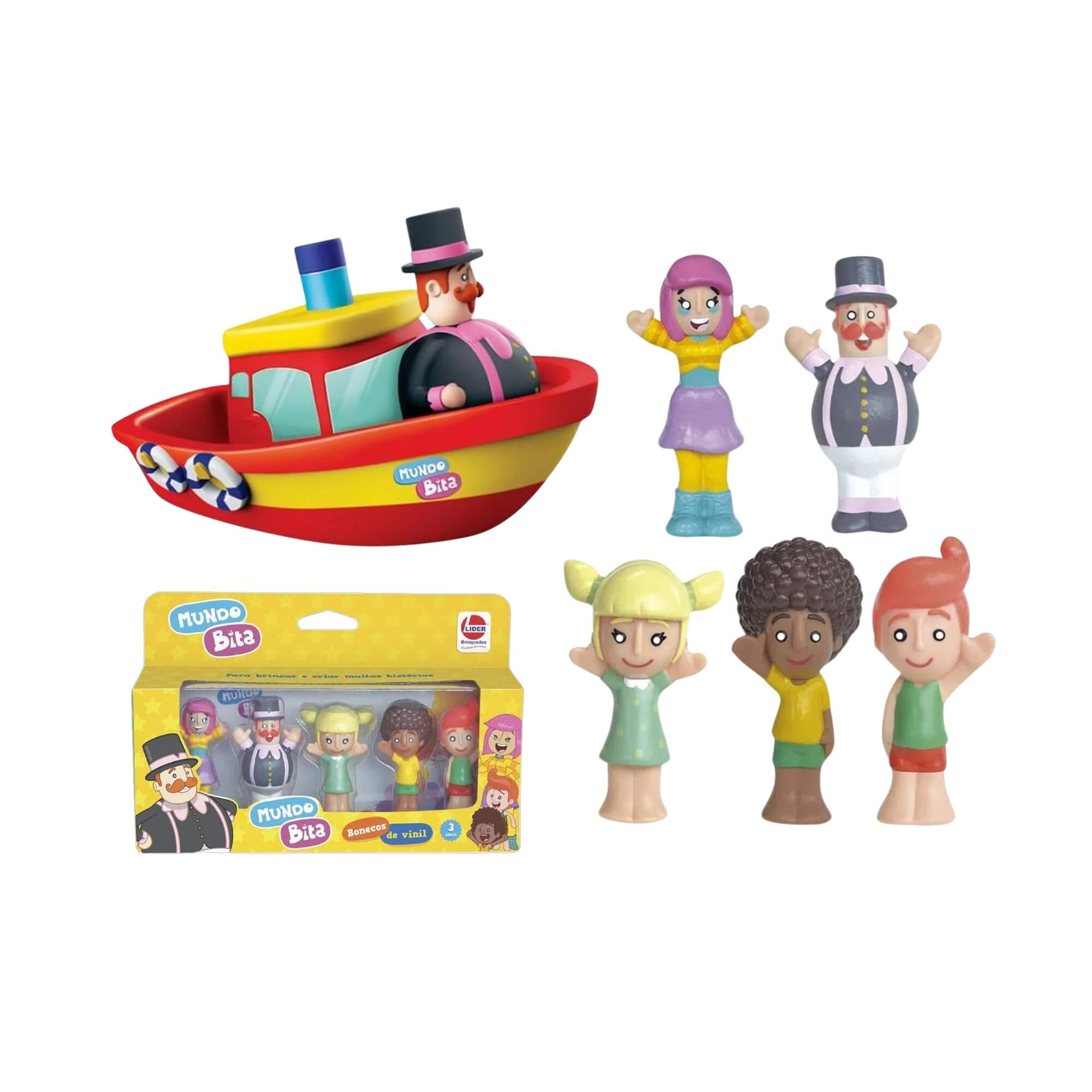 COMP Kit Brinquedo Mundo Bita 5 Dedoches Vinil Atóxico + Barco Saboneteira Banho Vinil Atóxico Líder