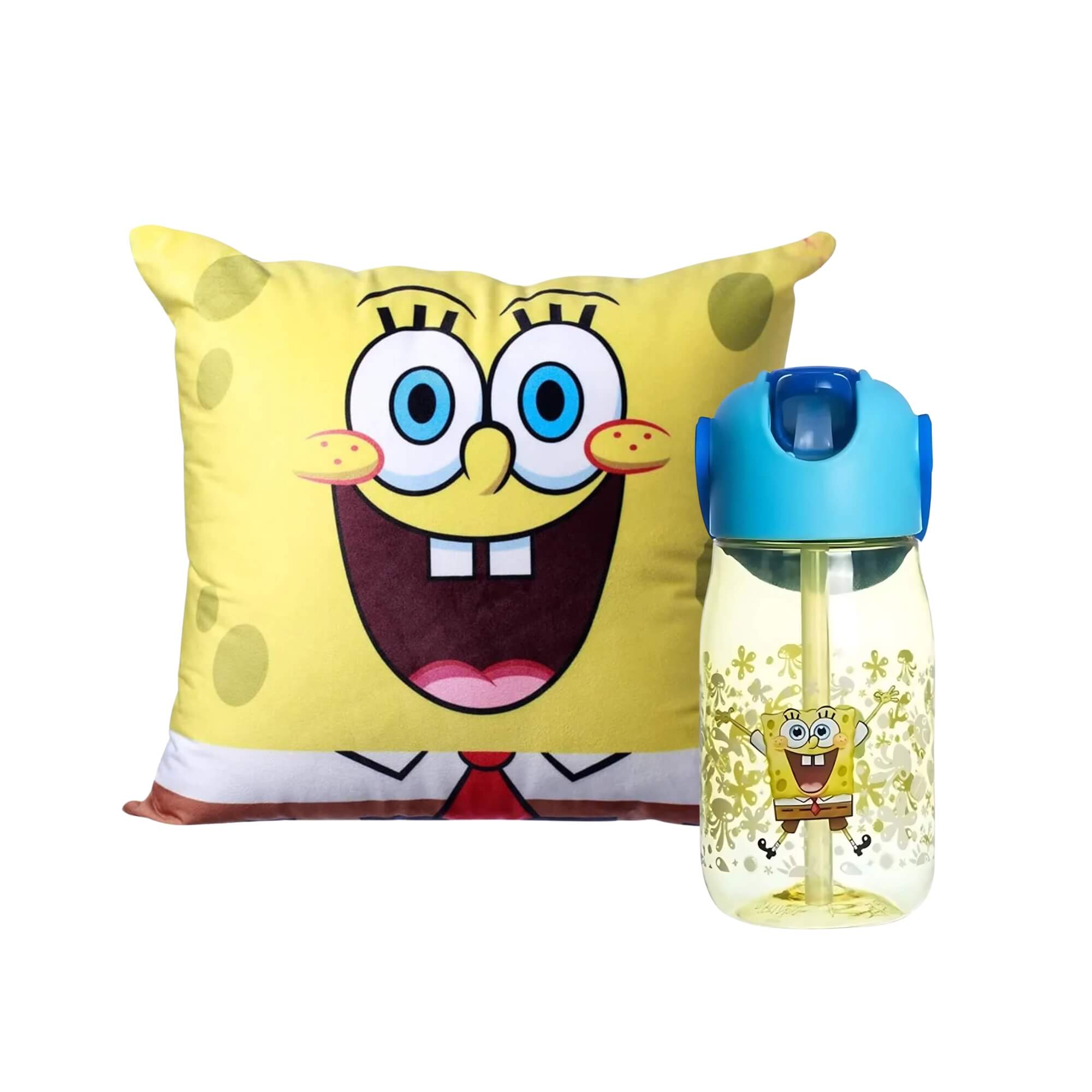 COMP Kit Bob Esponja Garrafa Flip Infantil 400ml + Almofada Veludo 40x40 Fibra Zona Criativa