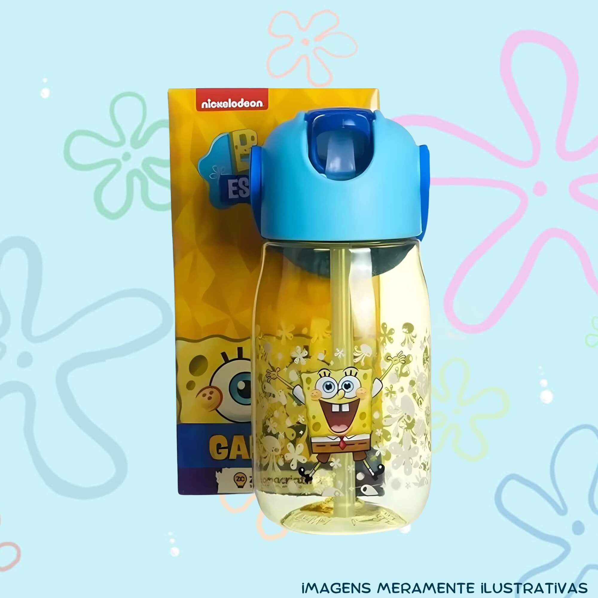 COMP Kit Bob Esponja Garrafa Flip Infantil 400ml + Almofada Veludo 40x40 Fibra Zona Criativa
