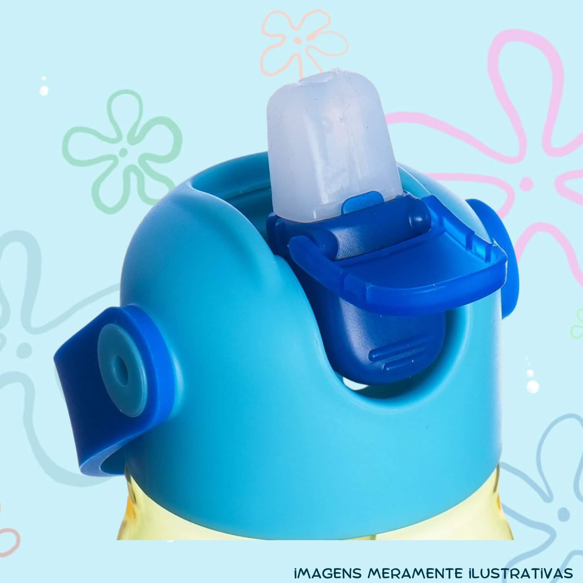 COMP Kit Bob Esponja Garrafa Flip Infantil 400ml + Almofada Veludo 40x40 Fibra Zona Criativa