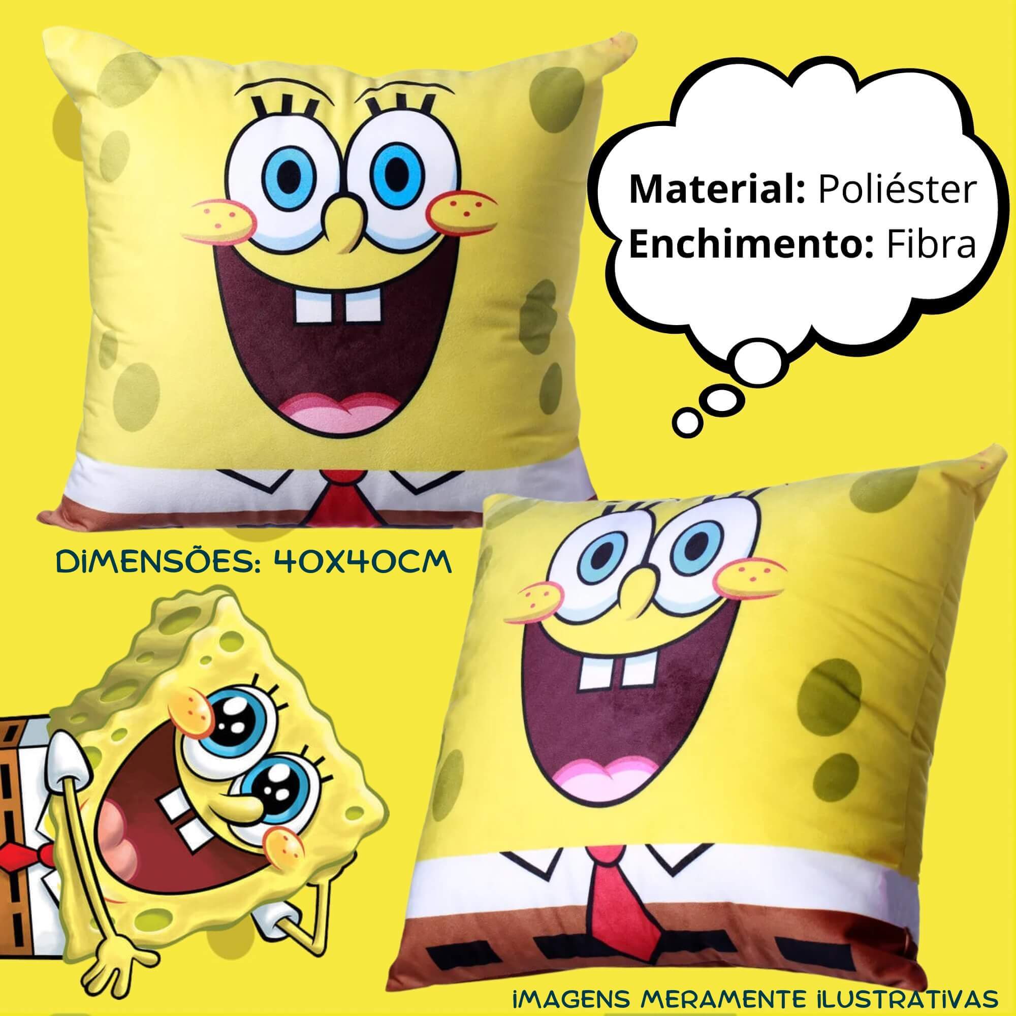 COMP Kit Bob Esponja Garrafa Flip Infantil 400ml + Almofada Veludo 40x40 Fibra Zona Criativa