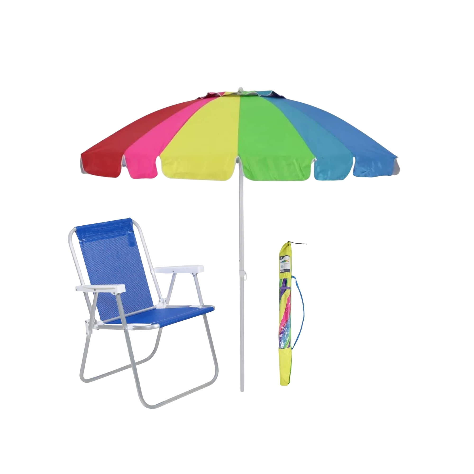 COMP Kit Cadeira de Praia Dobrável Alumínio Camping + Guarda-Sol Toscana 2,20m Poliéster Alumínio