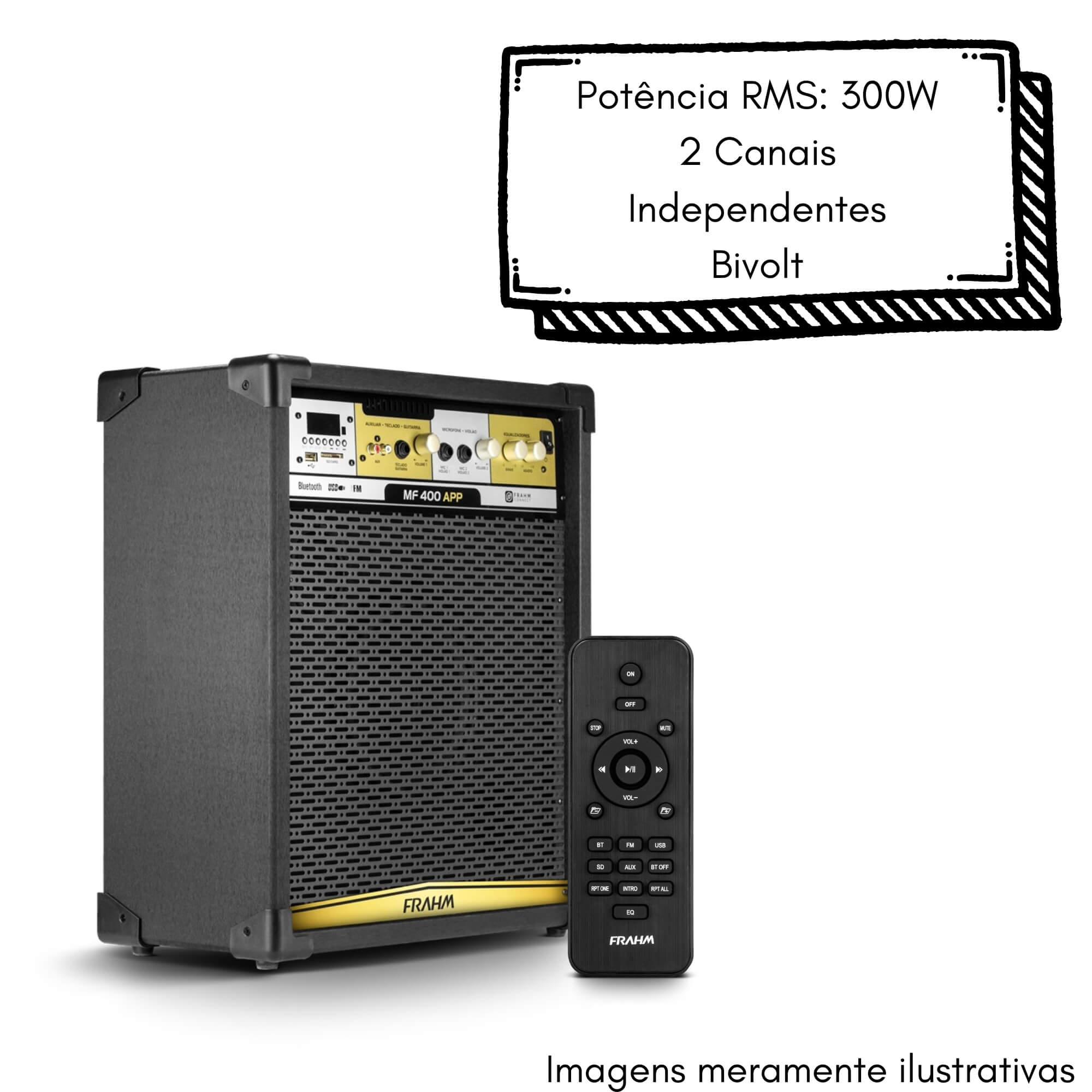 Caixa de Som Amplificada Bivolt 400WRMS Bluetooth / USB / FM / Aux RCA 2 Canais Frahm - MF400 31515