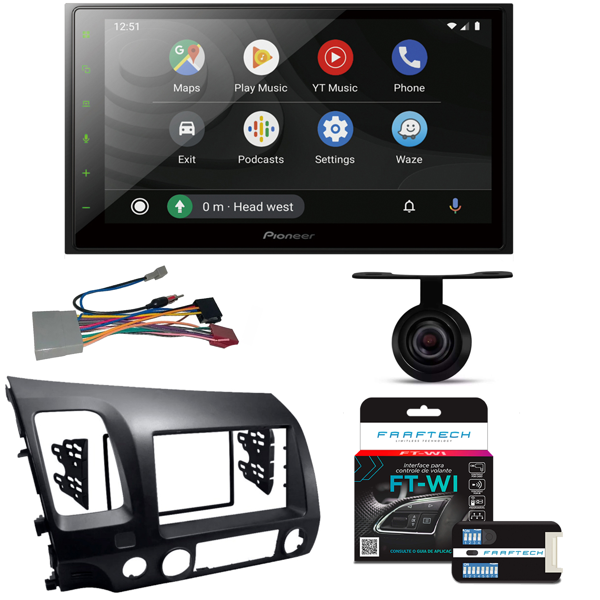 COMP Kit Central Multimídia 2 Din DMH-Z5380TV 6.8 pol Civic 2007 a 2011 + Camera de Ré + Moldura + Interface + Chicotes