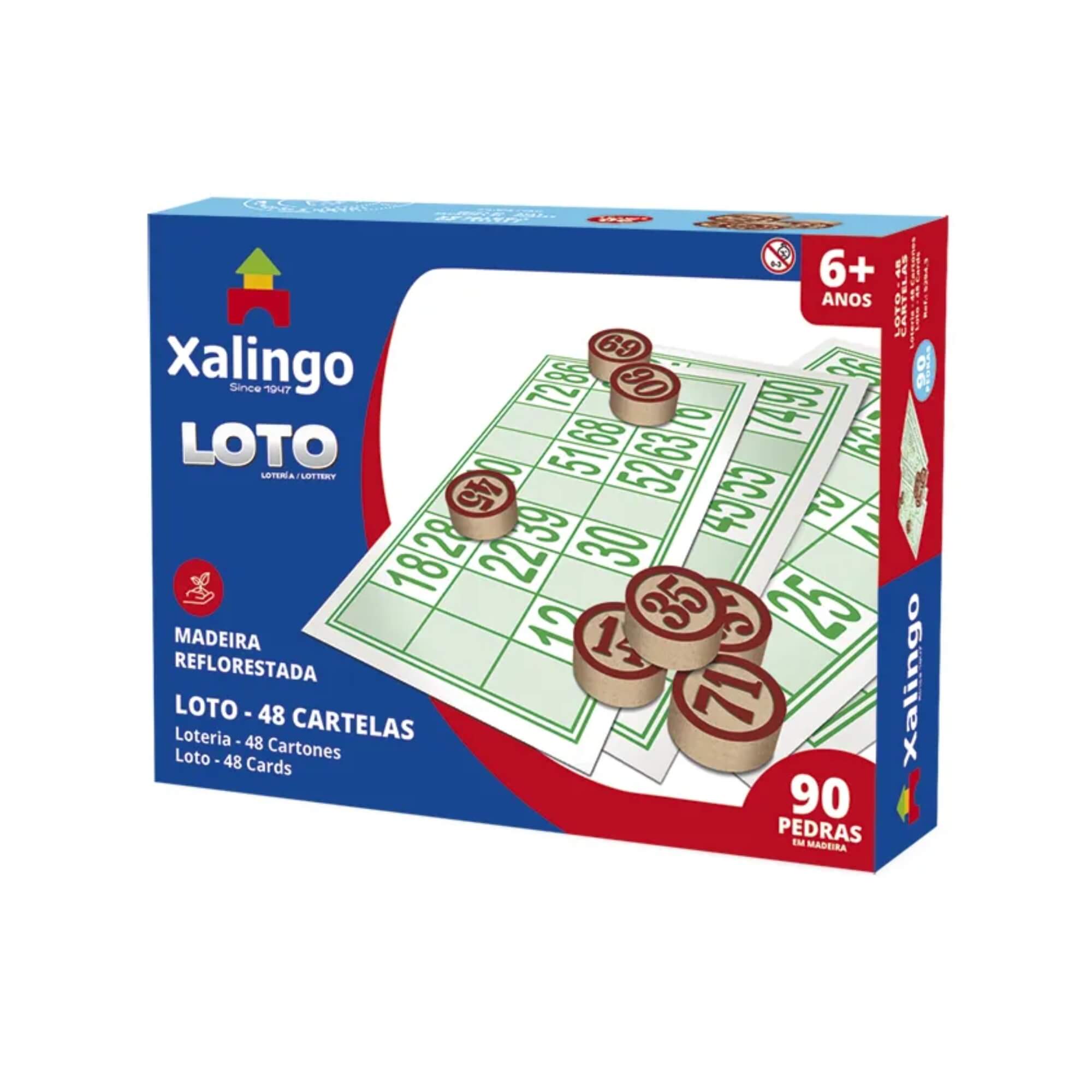 Jogo de Loto 48 Cartelas Cartões com Peças de Madeira Xalingo 5294.3